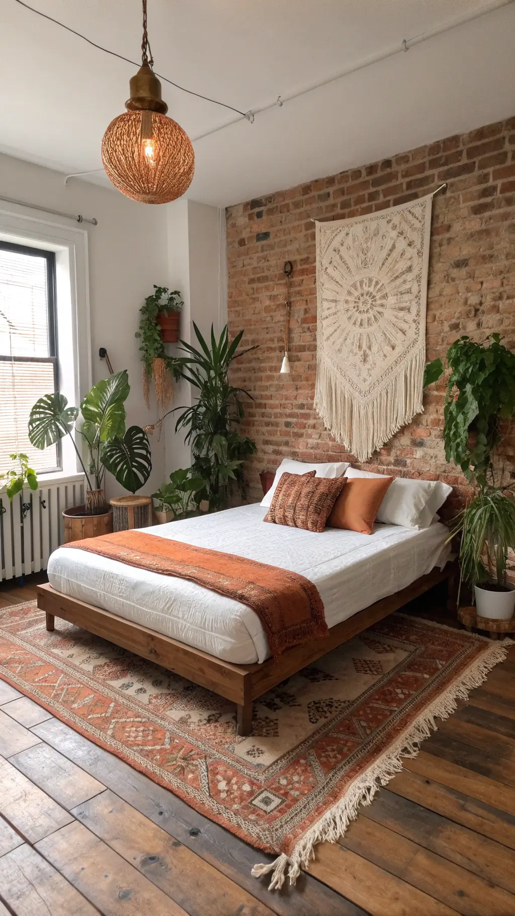 Bohemian styled guest room with exposed brick wall, hardwood floors, low-profile platform bed with white linens, vintage Moroccan rug, abundant plants, and a macramé wall hanging, lit by a copper pendant light in mid-morning light.