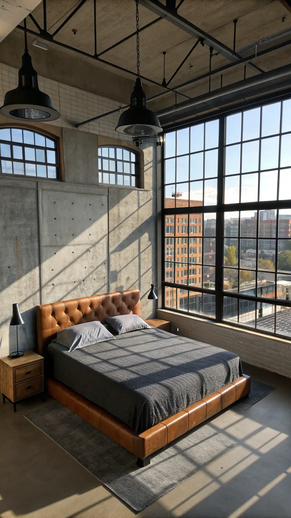 Modern urban loft guest room with industrial windows, concrete wall, platform bed with charcoal linishings, camel leather headboard, black metal accents, geometric patterns, and pendant lights during afternoon.