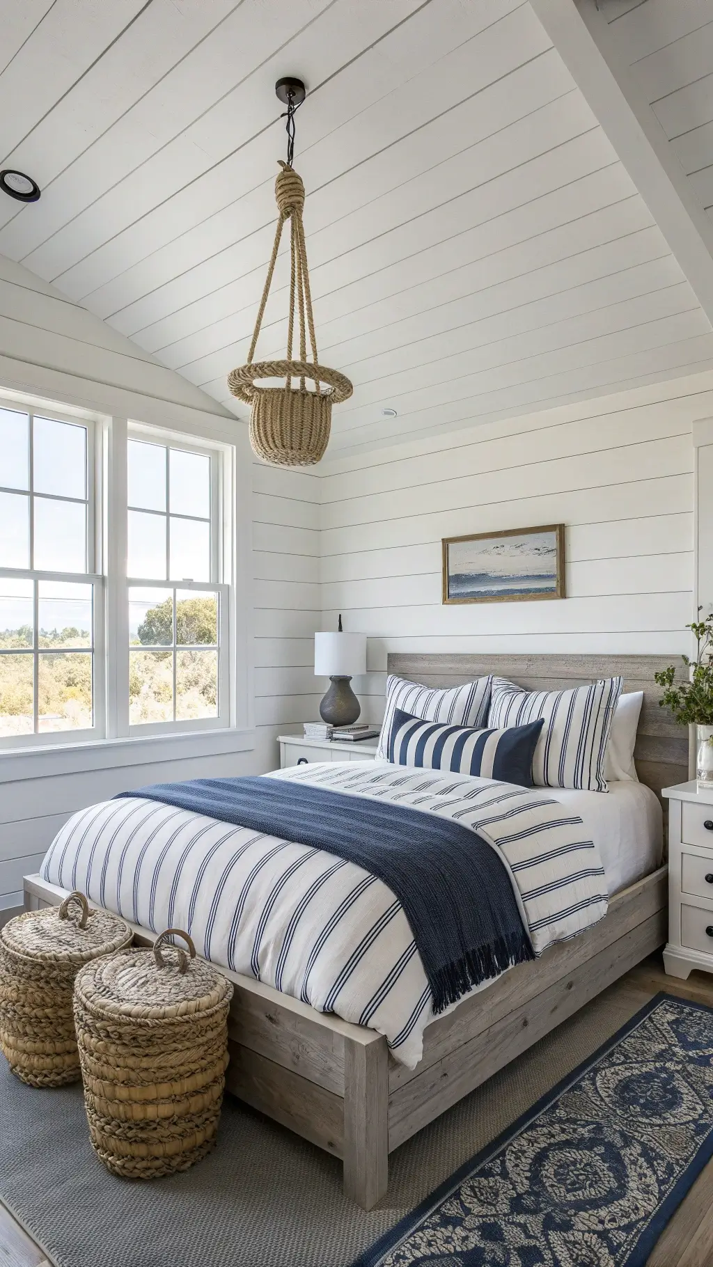Bright, airy 9x10ft coastal themed bedroom featuring a white shiplap wall, low-profile bed with navy and white striped bedding, rope pendant light, floating weathered grey wood nightstands, and seagrass basket storage.