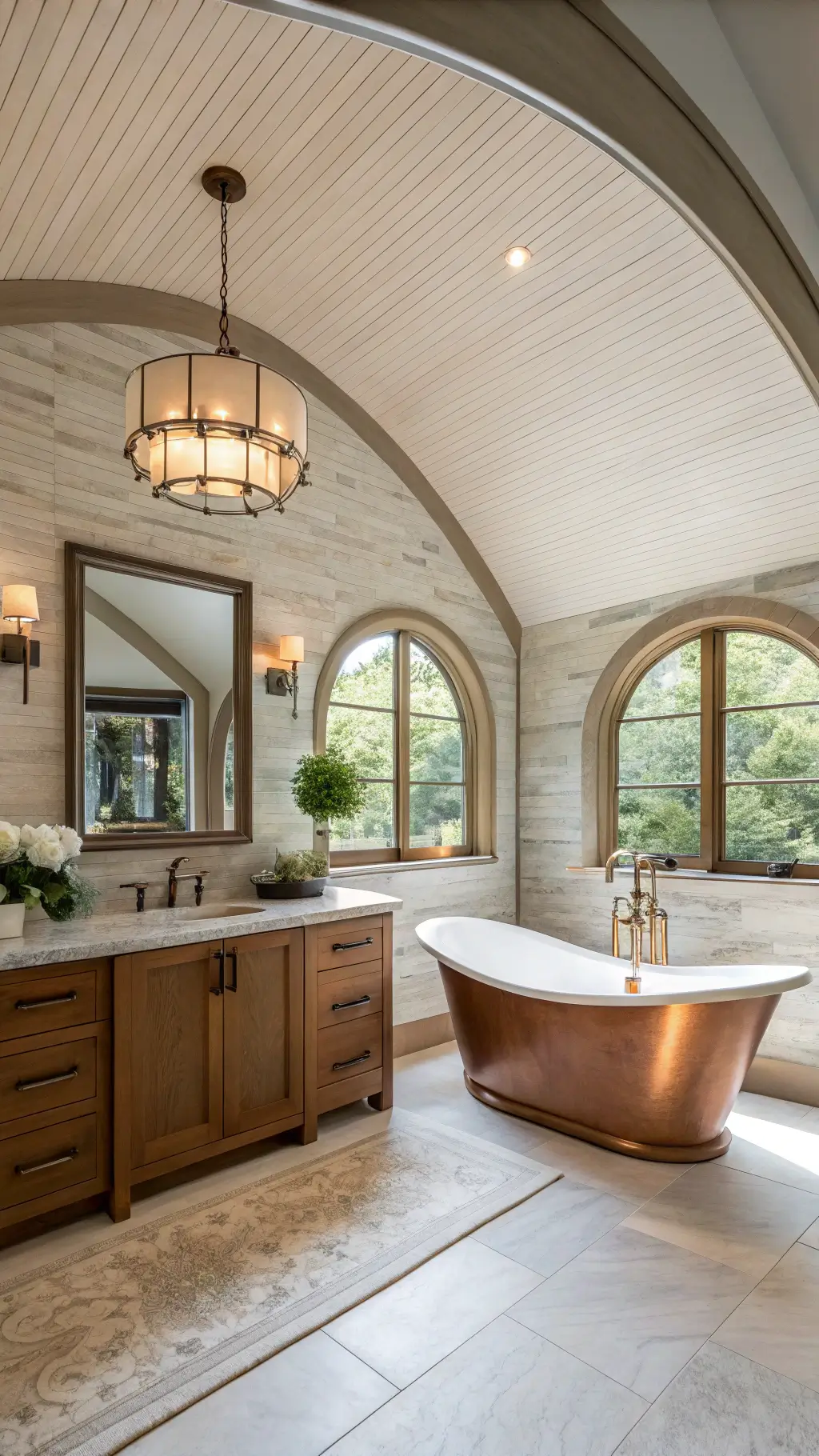 16x20ft spa-like master retreat with copper soaking tub under a skylight, double vanity in bleached oak with quartz countertop, backlit mirrors, and walls covered in warm grey grasscloth wallpaper; floor coated in large marble tiles, emphasis on tub lit naturally from above.