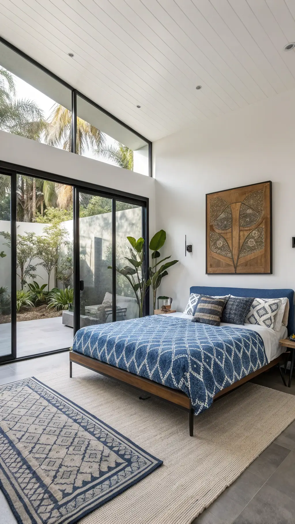 Bright, modern boho bedroom with black metal accents, blue geometric bedding on a platform bed, large abstract art, architectural plants, and sliding glass doors allowing in midday light.