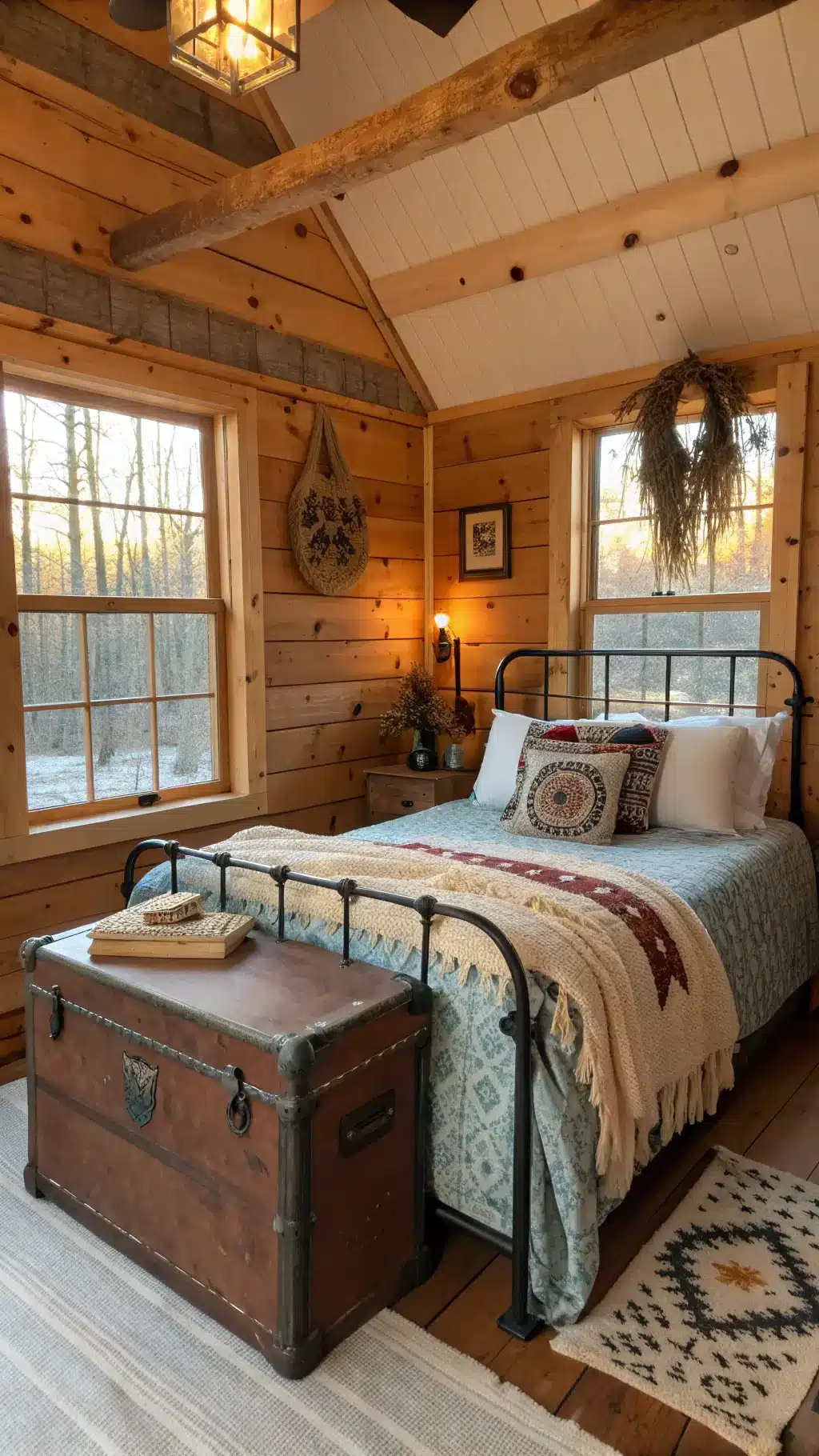 Rustic boho style bedroom in a 15x16ft cabin with knotty pine walls, iron bed frame covered with vintage blue patchwork quilts, an antique trunk used as a nightstand, wool blankets and sheepskin throws, and dried botanicals hanging from beams, basked in the golden hour glow from the dormer windows.