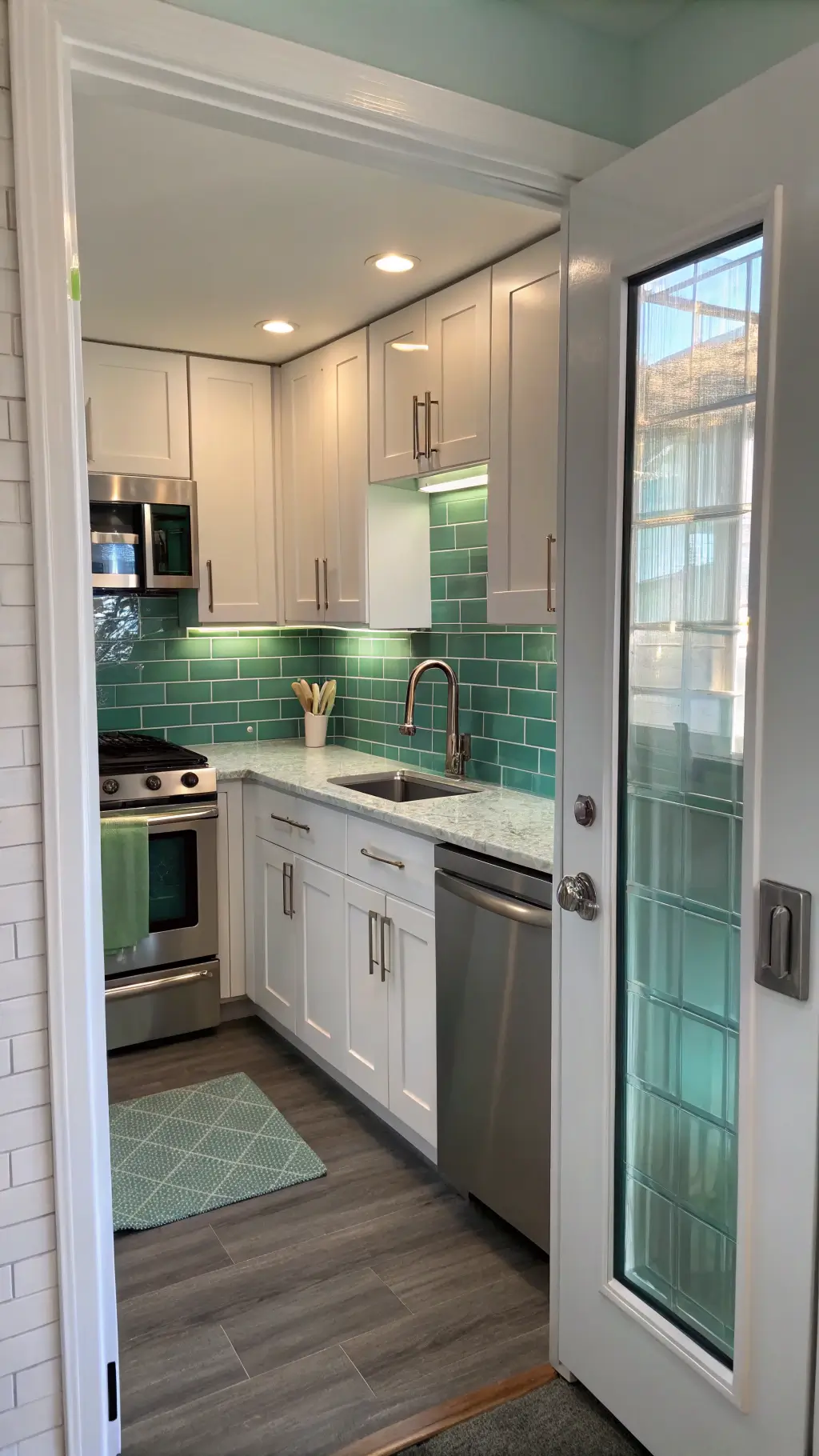 Compact urban kitchen with white cabinets, sea foam green glass tile backsplash, stainless steel appliances, and chrome fixtures, highlighted by under-cabinet LED lighting and morning light coming in.