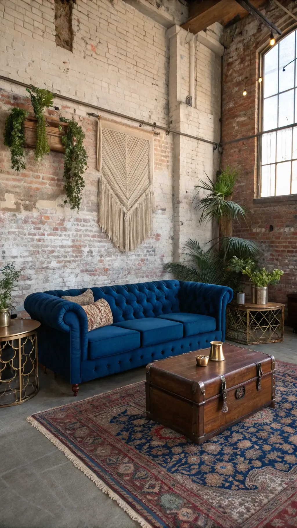 A bohemian artist loft featuring a double-height converted industrial space with blue velvet couch, vintage Persian rug, macrame wall hanging, potted plants on brass side tables, Moroccan poufs, and a vintage trunk coffee table, shot from mezzanine level.