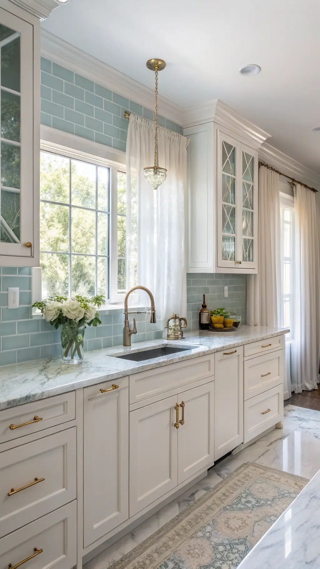 Transitional kitchen with white cabinets, pale blue glass subway tile backsplash, marble countertops, brass hardware under soft natural light and shallow depth of field focussing on tile detail.