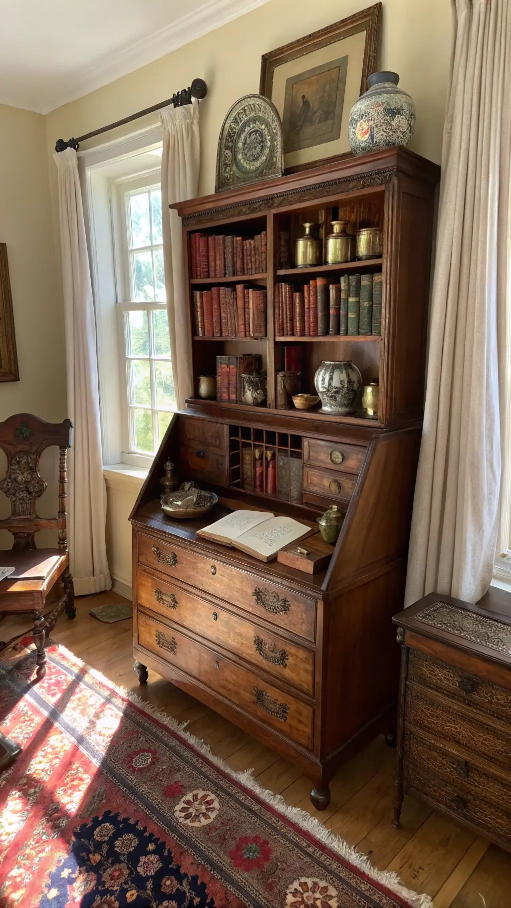Antique secretary desk with vintage books, ceramic vessels, brass objects in a room with linen curtains and Persian runner, under filtered sunlight.