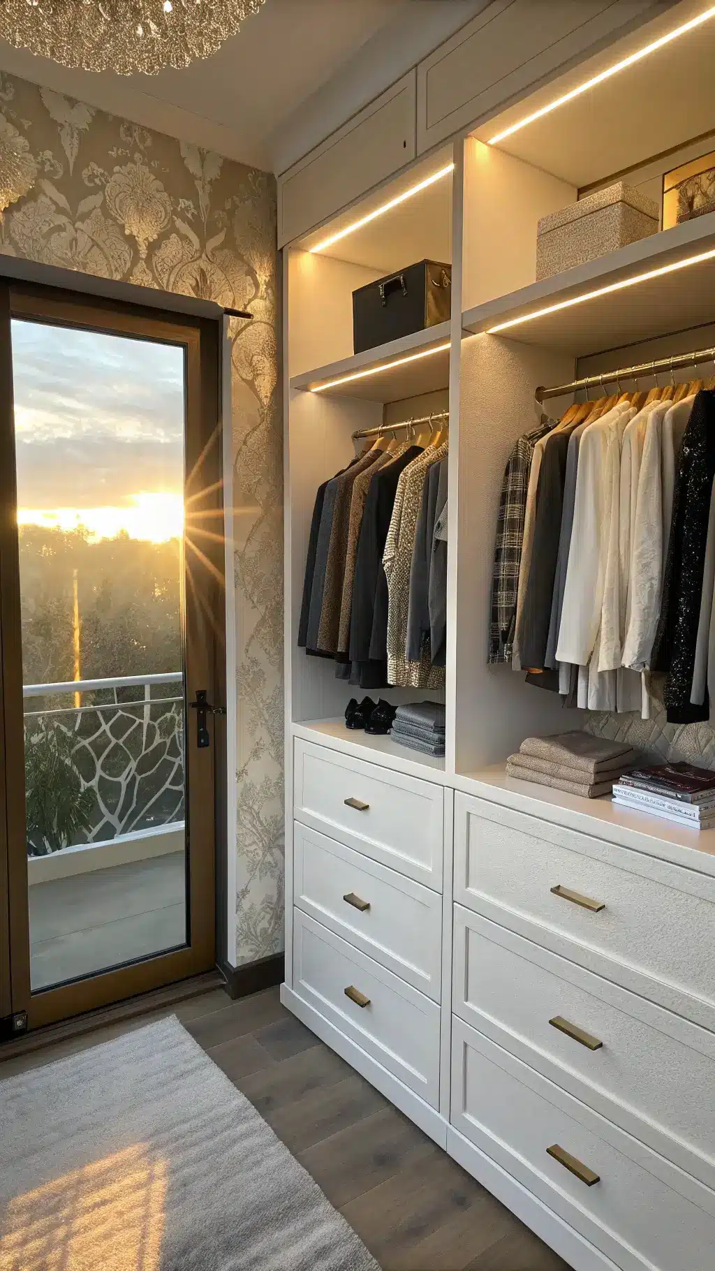 Luxurious small walk-in closet with golden sunlight illuminating white lacquered shelves, monochromatic clothes, artful accessories, and crystal knobs against grasscloth wallpaper.