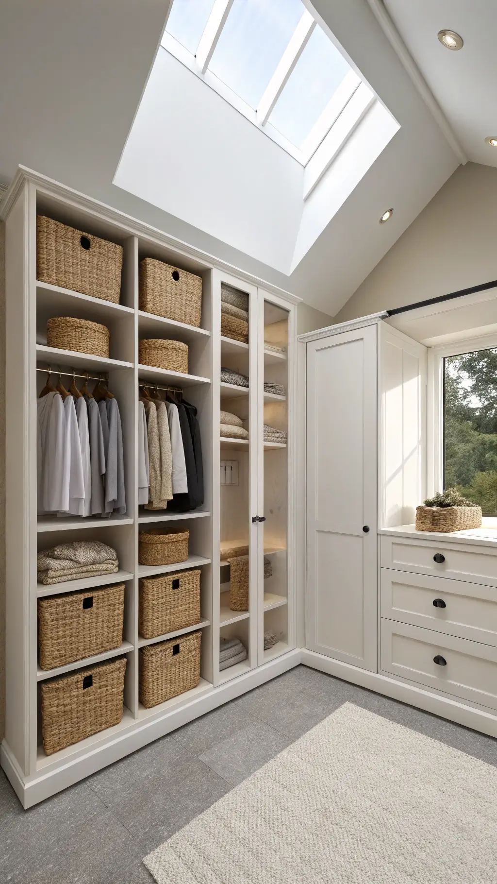 Bright, spacious Scandinavian-style 5x5ft corner closet with high ceilings, white oak adjustable shelves, glass cabinet doors revealing rolled linens, cubic shelving with woven seagrass baskets, minimalist black hardware, pale terrazzo flooring and diffused northern light coming through a skylight.