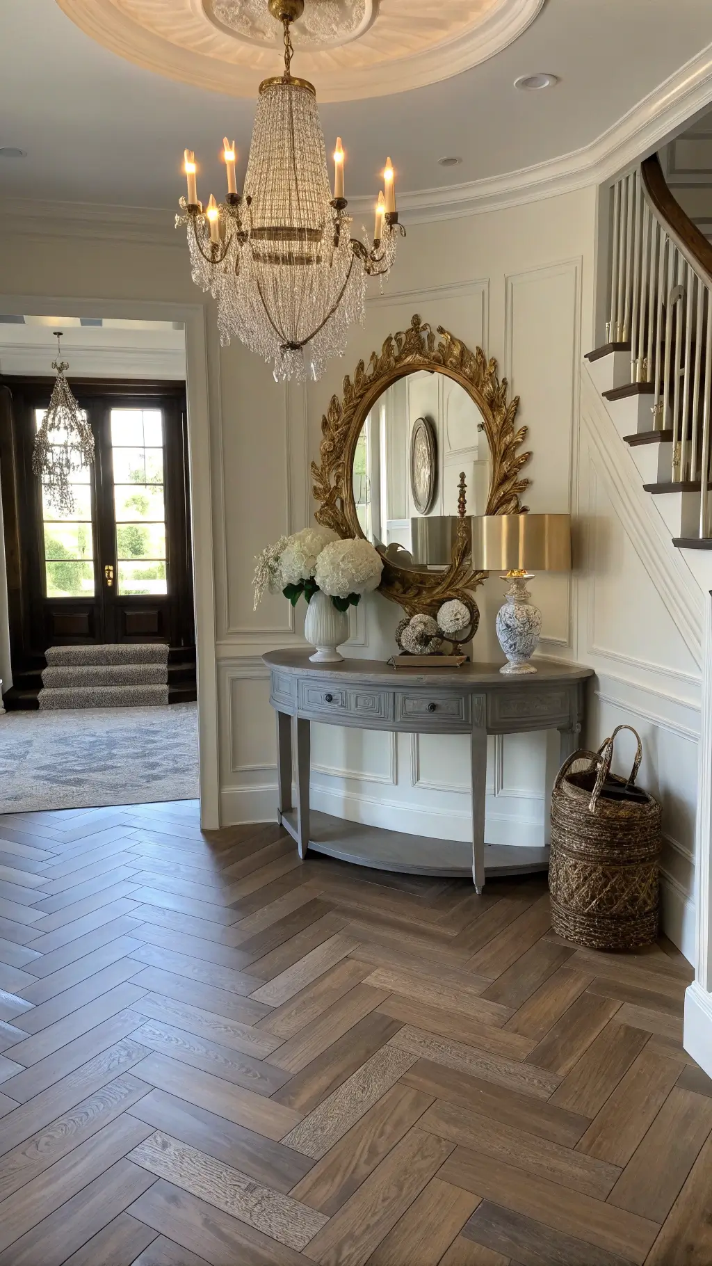 Elegant 8x10ft foyer with herringbone wood floors, a Swedish gray console table with fresh hydrangeas, a vintage gold mirror, sun hats, and market baskets hanging on wall hooks, with chandelier light creating patterns.