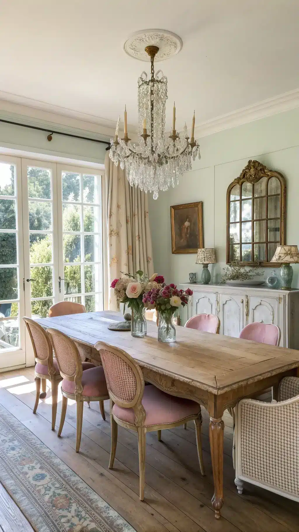 Sunlit French countryside-style dining room with vintage décor, distressed oak table, mismatched chairs, crystal chandelier, gilt mirror, and fresh roses in mercury glass vases.