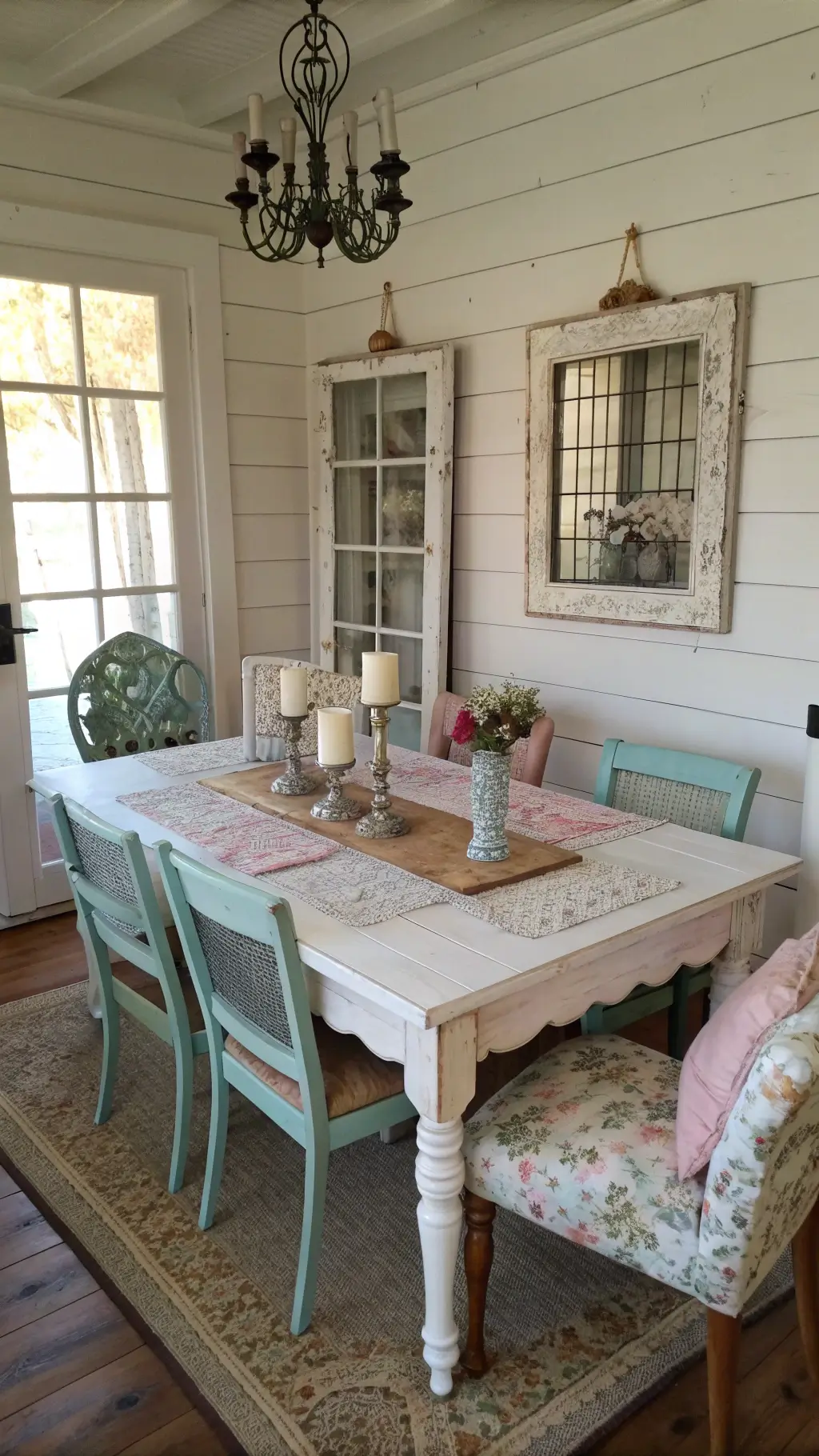 Bird's eye view of a cozy 14x16ft dining room with rustic table, mismatched pastel chairs, vintage window frame wall art, and mercury glass candlesticks