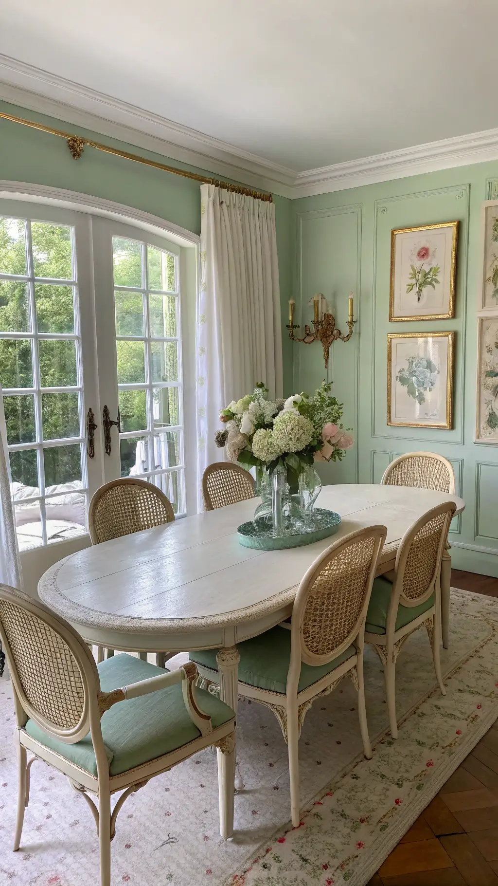 Mid-morning shot of a garden-inspired 16x18ft dining room with a mint patina oval table, mix of French cane and slipcovered parsons chairs, floor-length sheer curtains in the breeze, pale green walls, gilded framed botanical prints, and fresh peonies in antique pitchers.