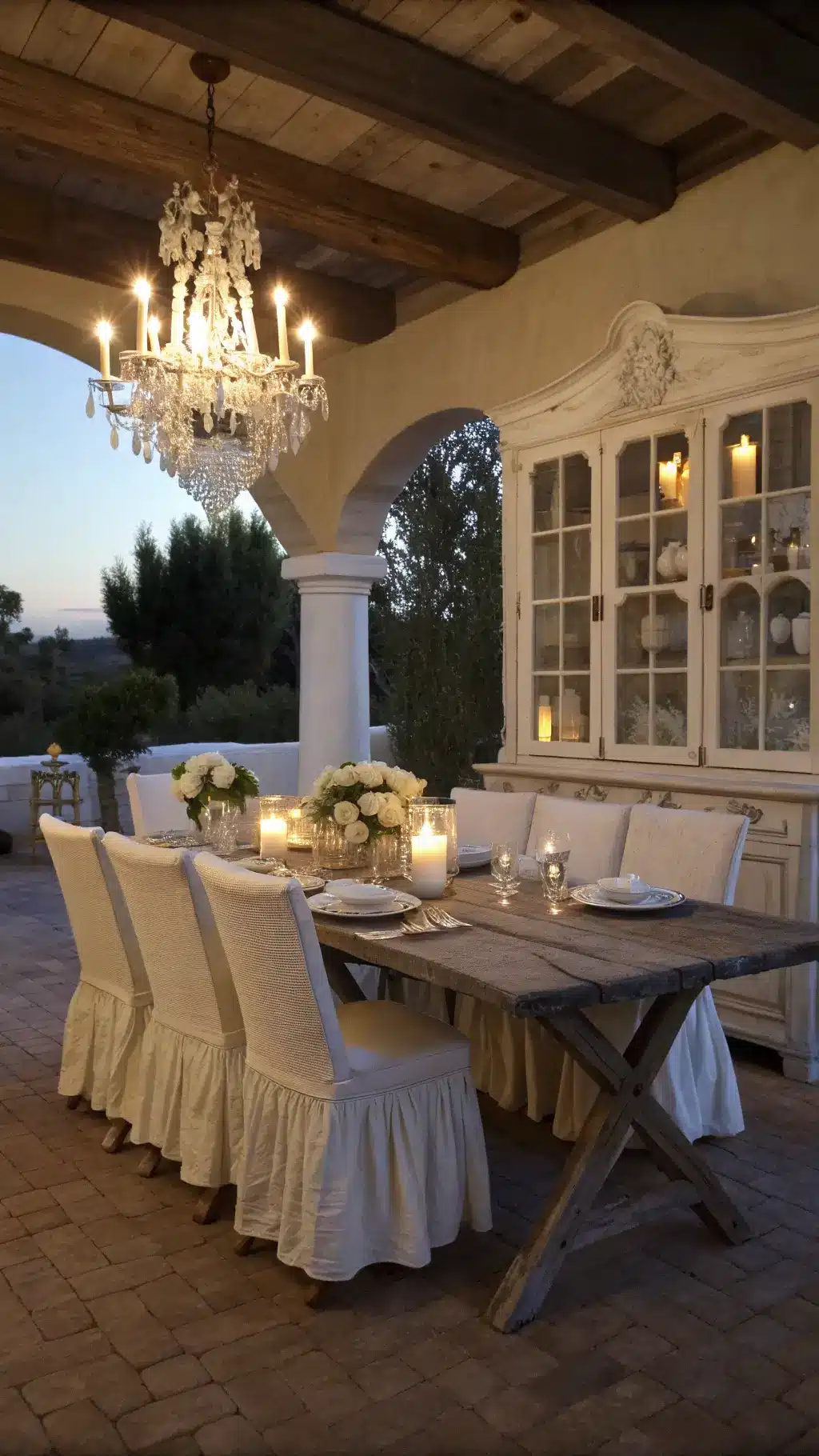Romantic dining space at twilight with weathered gray trestle table, director-style chairs in ivory linen, crystal chandelier, cream walls with architectural details, vintage china cabinet filled with milk glass, and silver candle holders with dramatic side lighting.