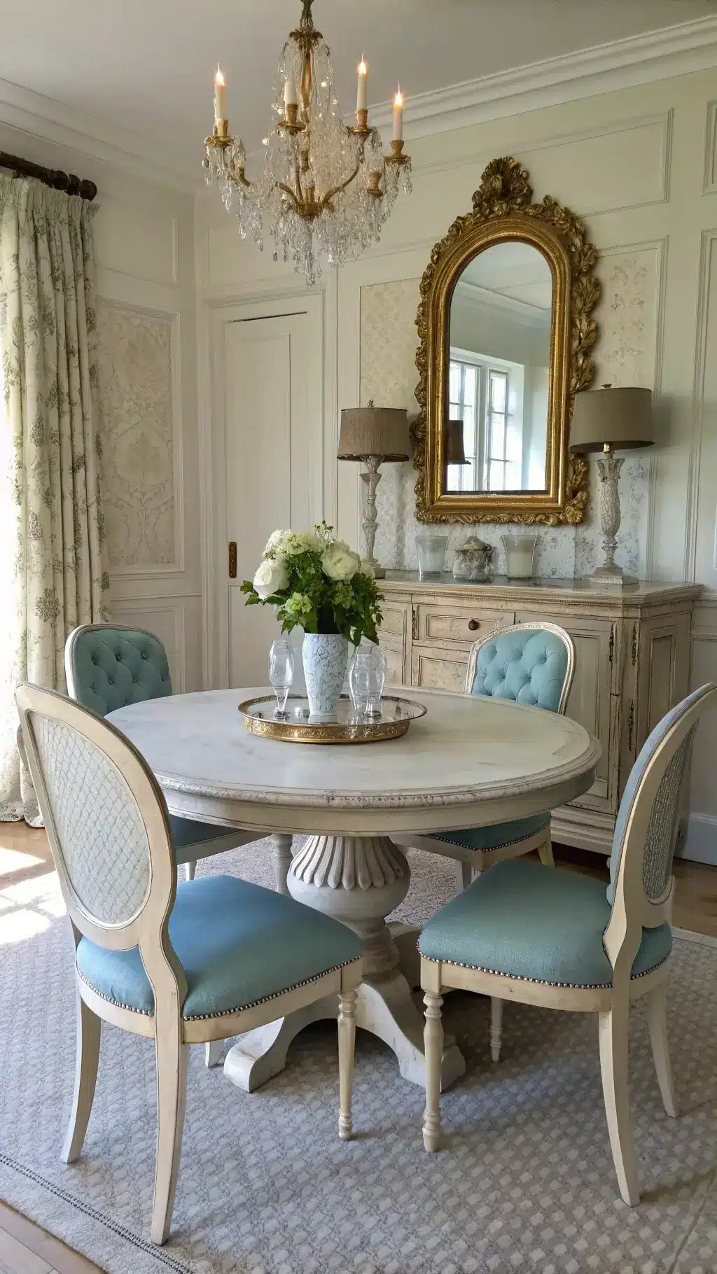 Elegant 15x17ft dining room with a distressed ivory pedestal table, ornate gold mirror, antique buffet, and vintage crystal decanters in soft morning sunlight