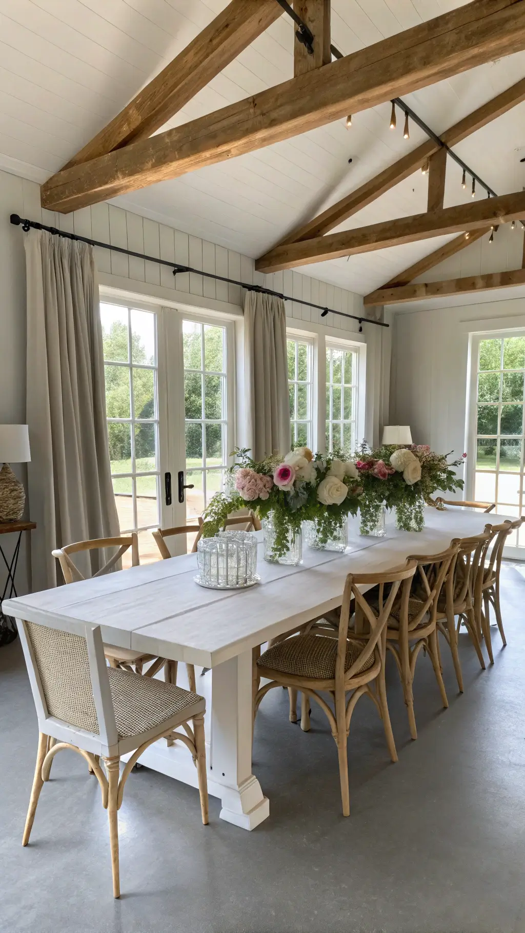 Bright and airy 16x20ft dining room with a white-washed rectangular farm table, Swedish-style chairs, upholstered host chairs, exposed wooden beams, pale gray walls, vintage linen curtains, and fresh roses in clear glass compotes.