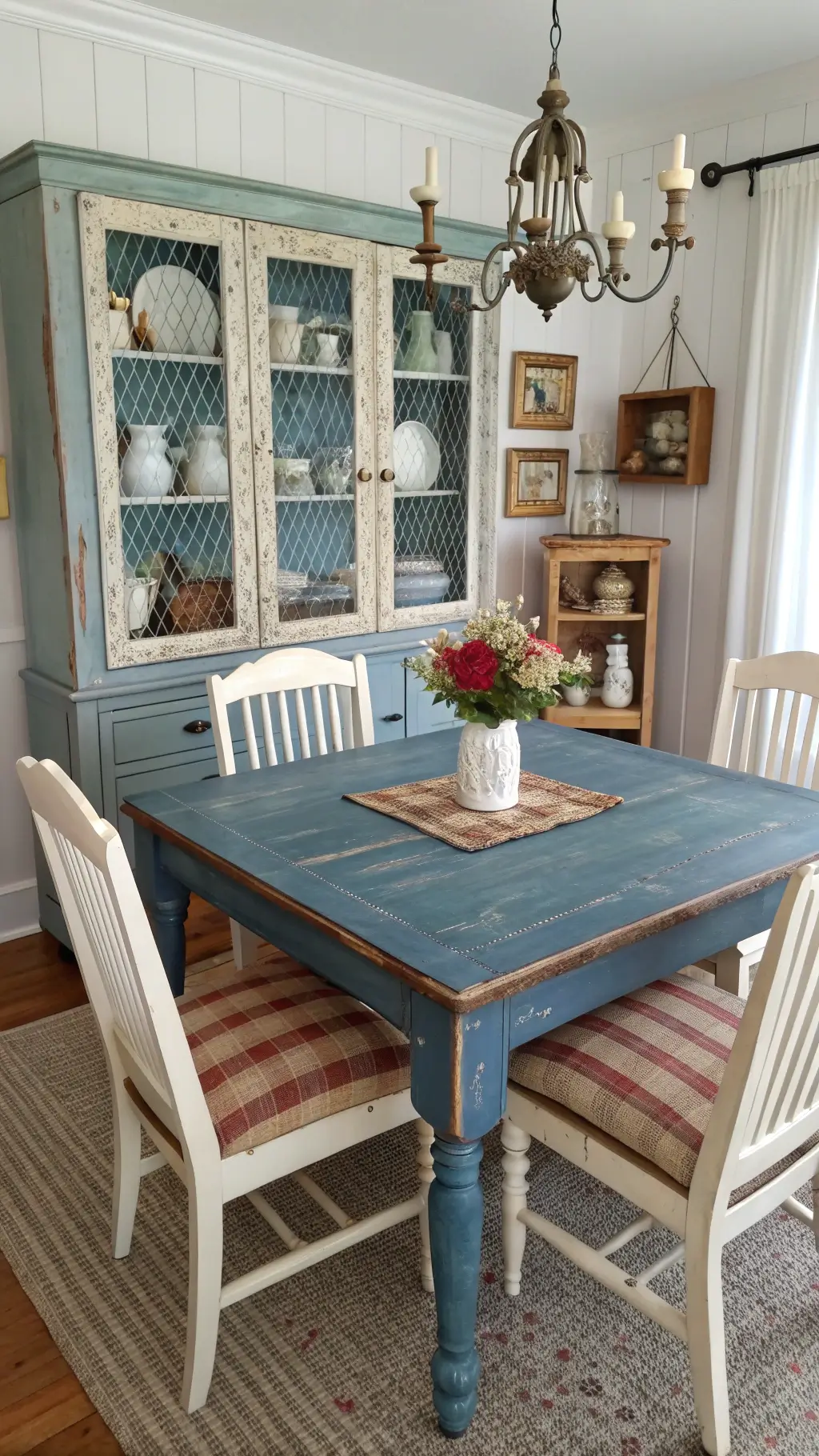 Distressed blue square table with four vintage cottage-style chairs in an intimate 12x15ft breakfast room at sunrise, featuring a built-in china cabinet with chicken wire fronts, a vintage enamelware collection, and morning glories in mason jars against soft white walls.