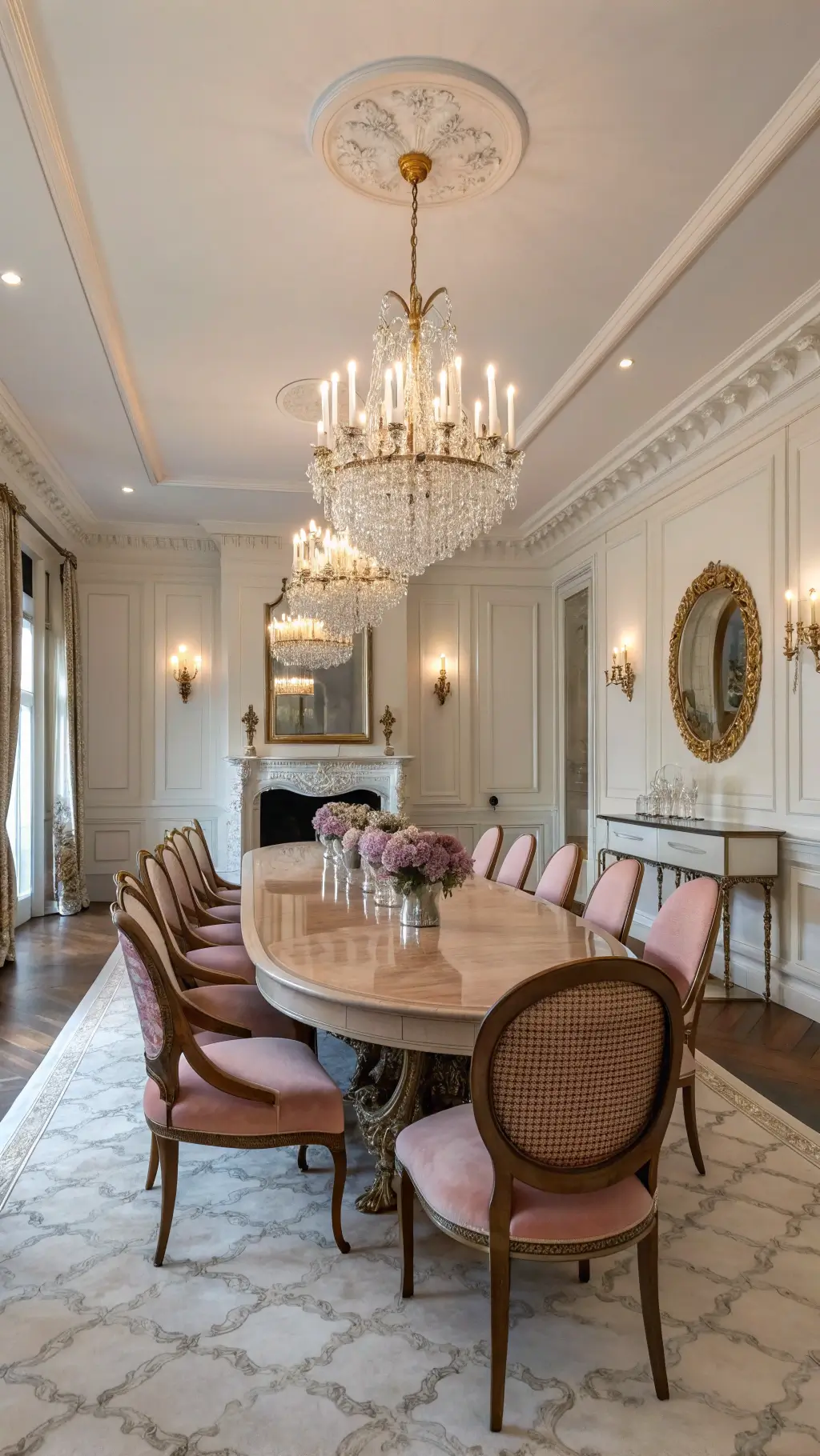 Elegant dining room at sunset, featuring a large antiqued oval table with eight chairs upholstered in blush velvet, a crystal and brass chandelier, pale pink walls with white wainscoting, floor-length mirrors beside a marble fireplace, and silver candelabras with white tapers.