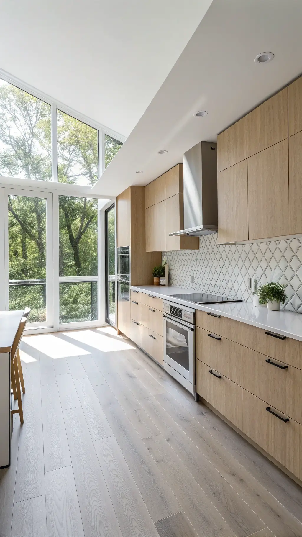 Bright, minimalist Scandinavian kitchen with blonde maple cabinets, white counters, geometric grey backsplash, and white oak flooring, flooded with diffused light from floor-to-ceiling windows.