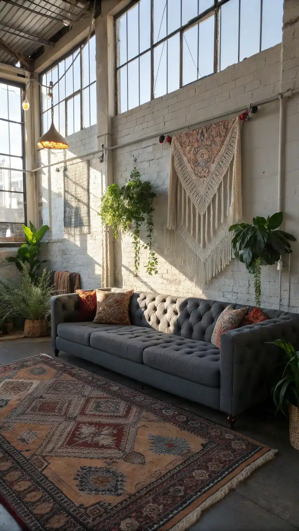 Bohemian modern corner unit with grey tufted sofa, vintage Kilim pillows, macramé wall hangings, vintage rugs, hanging plants, and Edison bulb accents.
