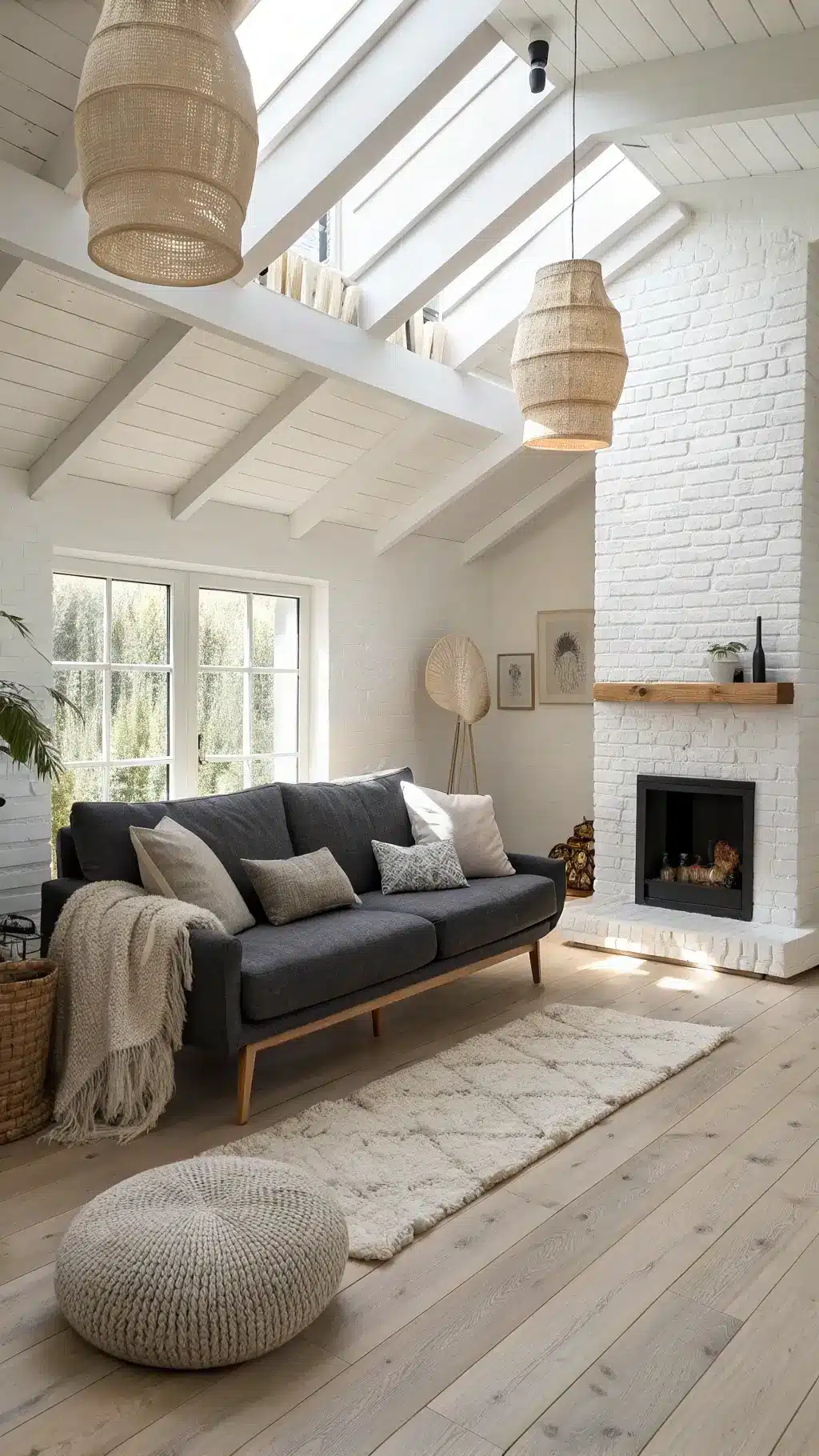 Scandinavian style living room with pale wooden floors, white brick fireplace, dark grey sofa, sheepskin throws and neutral pillows, lit by morning light through skylights with minimal ceramic accessories and paper pendant lamps.