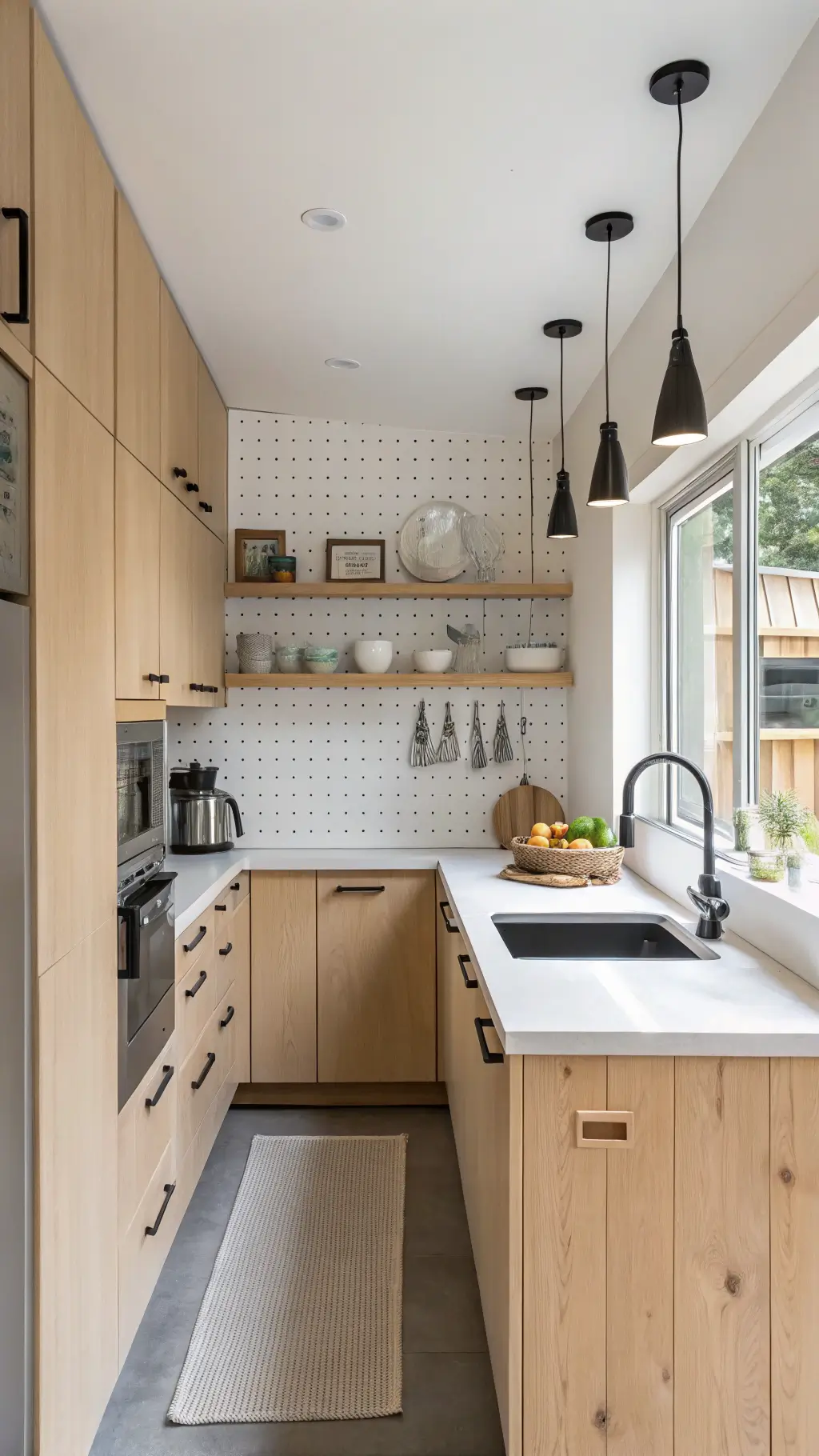 Compact 75 sq ft kitchen with light wood cabinets, white quartz counters, floating shelves with monochrome ceramics, black pendant lights, and a pegboard organization system, bathed in afternoon glow.
