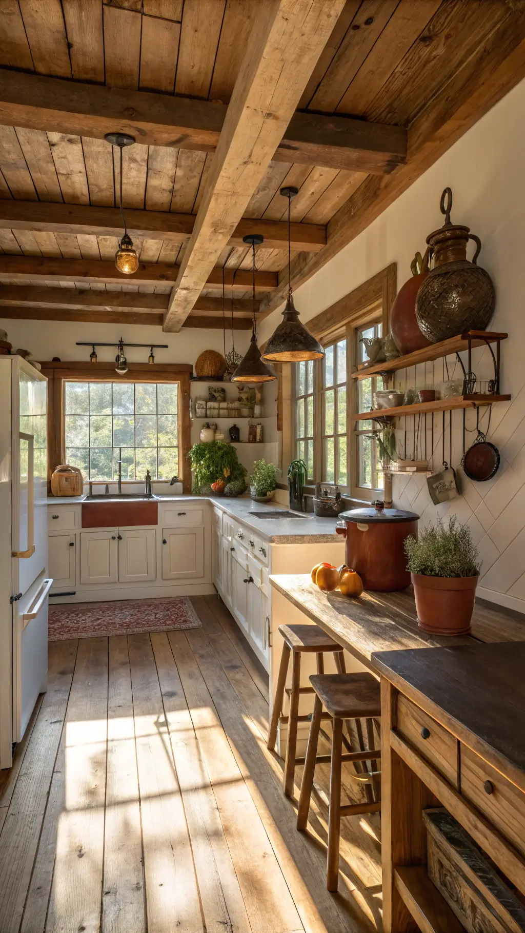 Sunlit rustic cabin kitchen with wooden ceiling beams, farmhouse sink, reclaimed pine floors, vintage copper pots, open shelving with earthenware, butcher block island with bar stools, and stone backsplash with herbs.