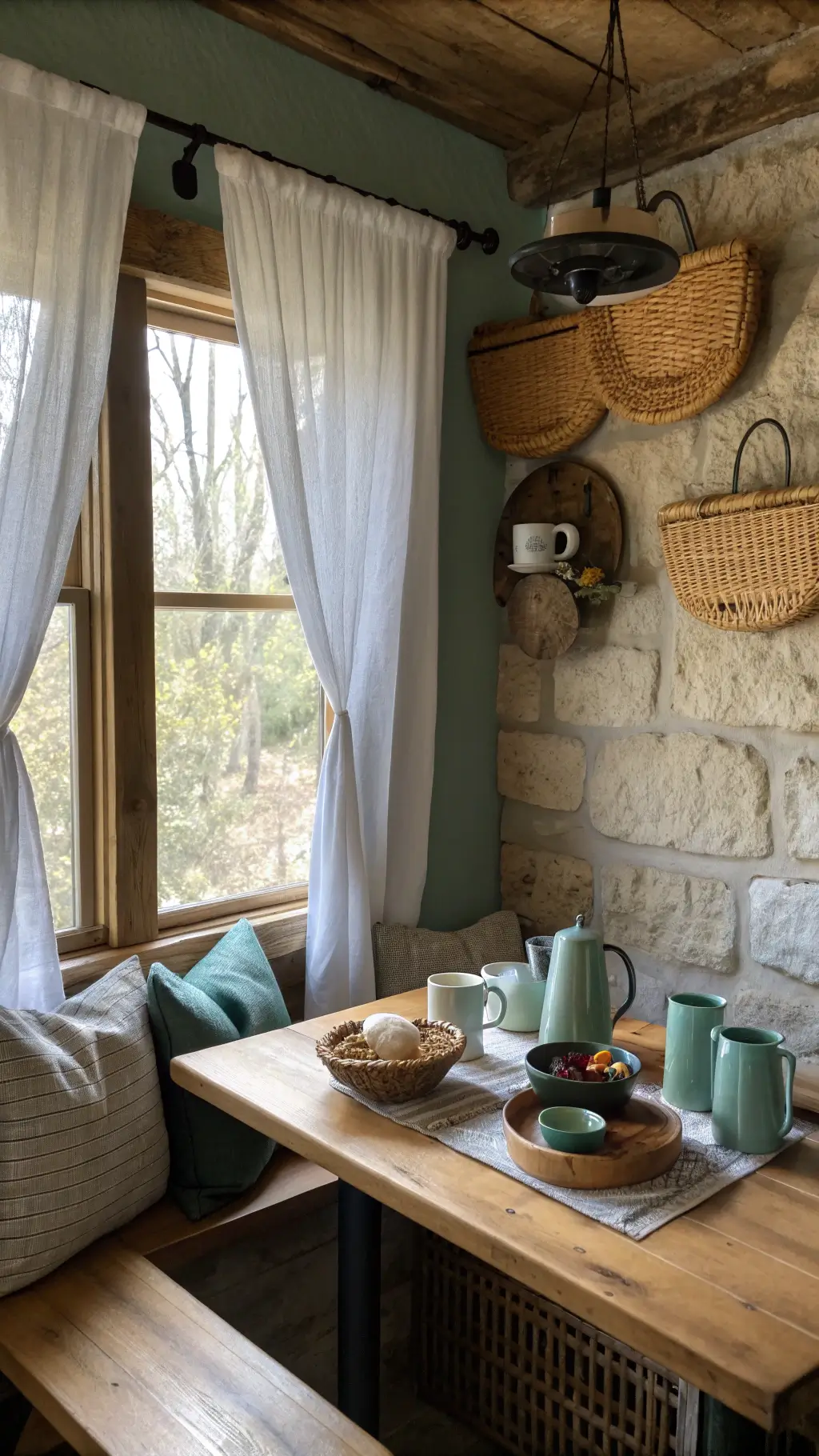 A cozy breakfast scene in a rustic kitchen nook, with steam rising from mugs on a live-edge wooden table, underneath soft morning light filtering through linen cafe curtains, surrounded by warm grays, sage green, and natural wood tones.