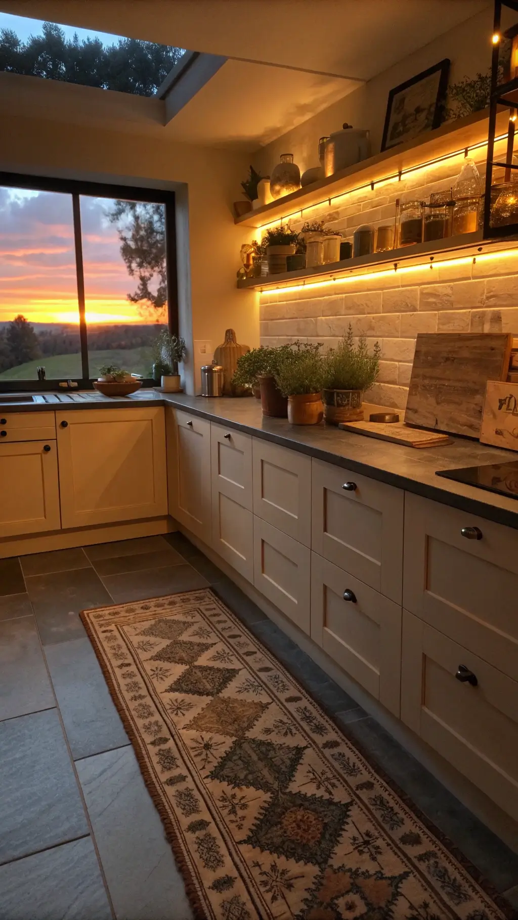 Cozy kitchen scene with warm under-cabinet LED lights highlighting soapstone counters, sunset silhouetting a window herb garden, an open shelf displaying stoneware and wooden utensils, with a vintage rug on slate floors captured at f/1.8 for a dreamy atmosphere.