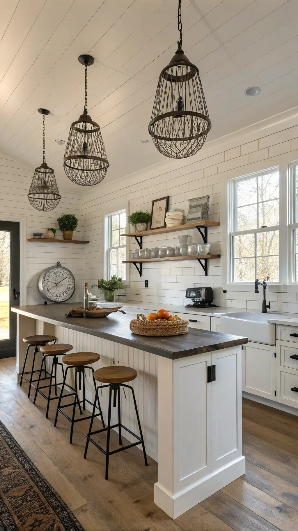 Open-concept kitchen bathed in morning light with black iron hardware on white shiplap walls, vintage scales on floating shelves, raw wood island with leather stools, and woven pendant lights casting geometric shadows.