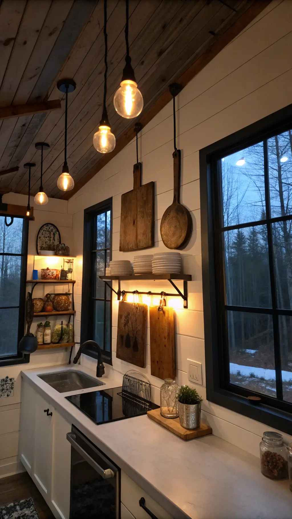 Vintage style cabin kitchen during twilight with pendant lights, black steel windows, white walls, and open industrial-style shelves filled with preserved goods