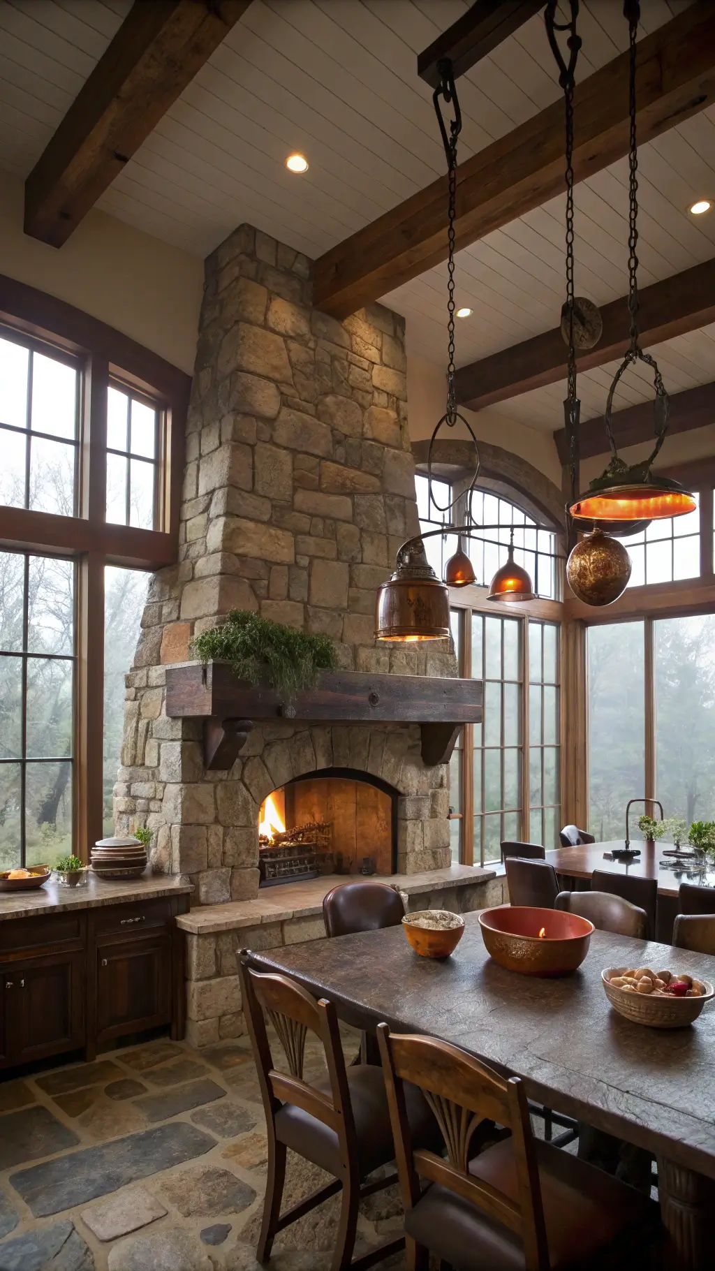 Misty morning in large kitchen with diffused light, stone fireplace, wooden beams, copper pots, worn leather chairs, and industrial sconces captured in rich detail with a medium format camera