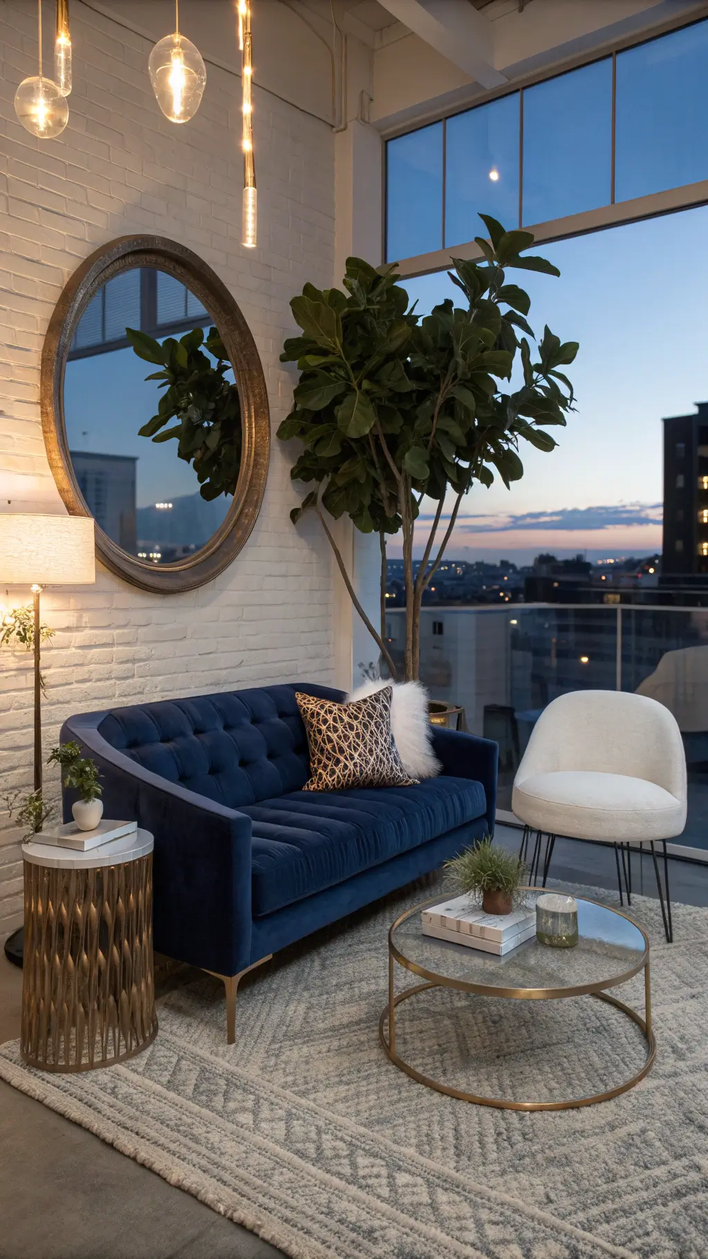 Modern 10x12ft living room with blue LED lighting, a midnight blue velvet loveseat, lucite nesting tables, oversized round mirror, fiddle leaf fig plant, white bouclé accent chair, copper accents and woven textures.