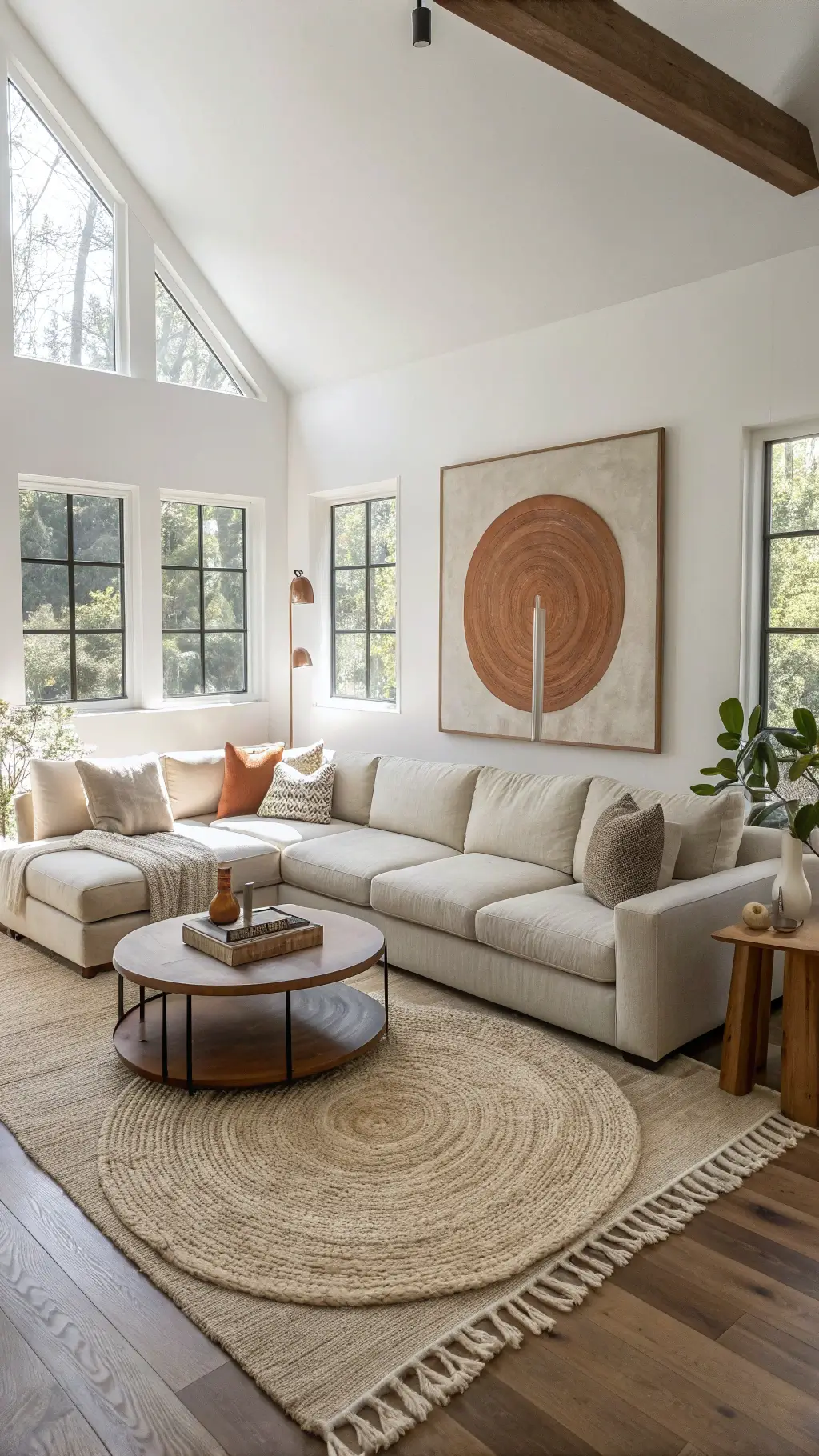 Bright, spacious Scandinavian minimalist living room with oatmeal linen sectional, walnut side tables, abstract canvas art in cream and terracotta tones, and layered jute and wool rugs.
