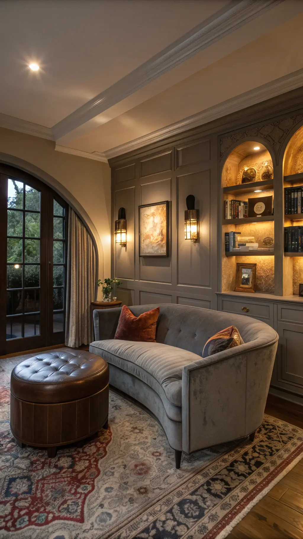 Cozy dusk-lit 11x13ft living room with ambient lighting from mixed metal sconces, furnished with a curved slate velvet sofa, a leather ottoman coffee table, warm greige built-in shelves featuring curated objects, and a vintage overdyed rug. Low-angle shot highlights architectural details and intimate atmosphere.