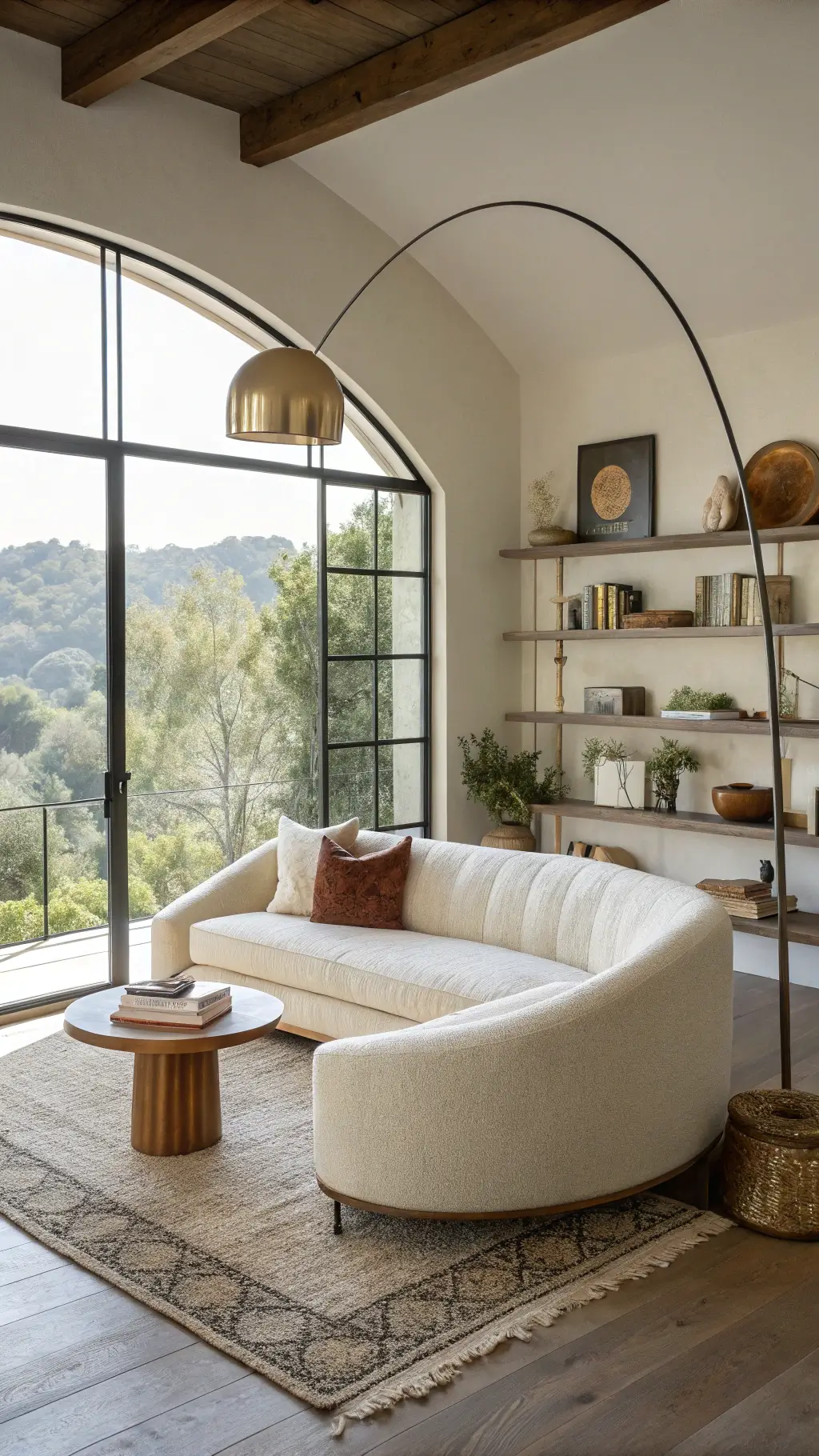 Bright, airy 12x16ft living room with cream bouclé sofa, brushed brass floor lamp, floating oak shelves with pottery, and a vintage Moroccan rug over sisal, captured with a wide-angle lens.