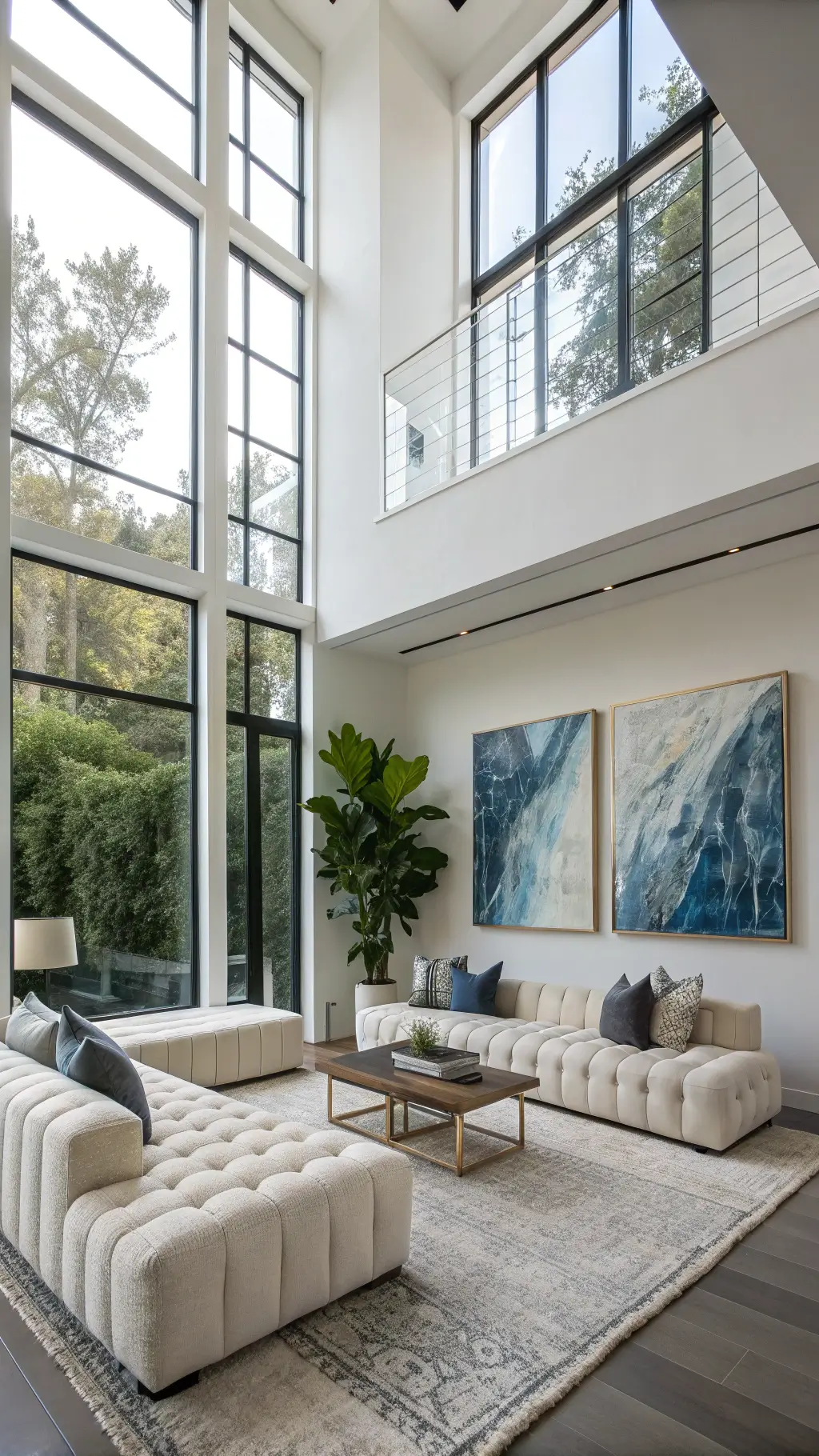 Modern interior design of a spacious 11x15ft area with double-height windows, low-profile modular seating in ivory bouclé, oversized abstract art in blues and grays, mixed metal accents, and a fiddle leaf fig for height variation.