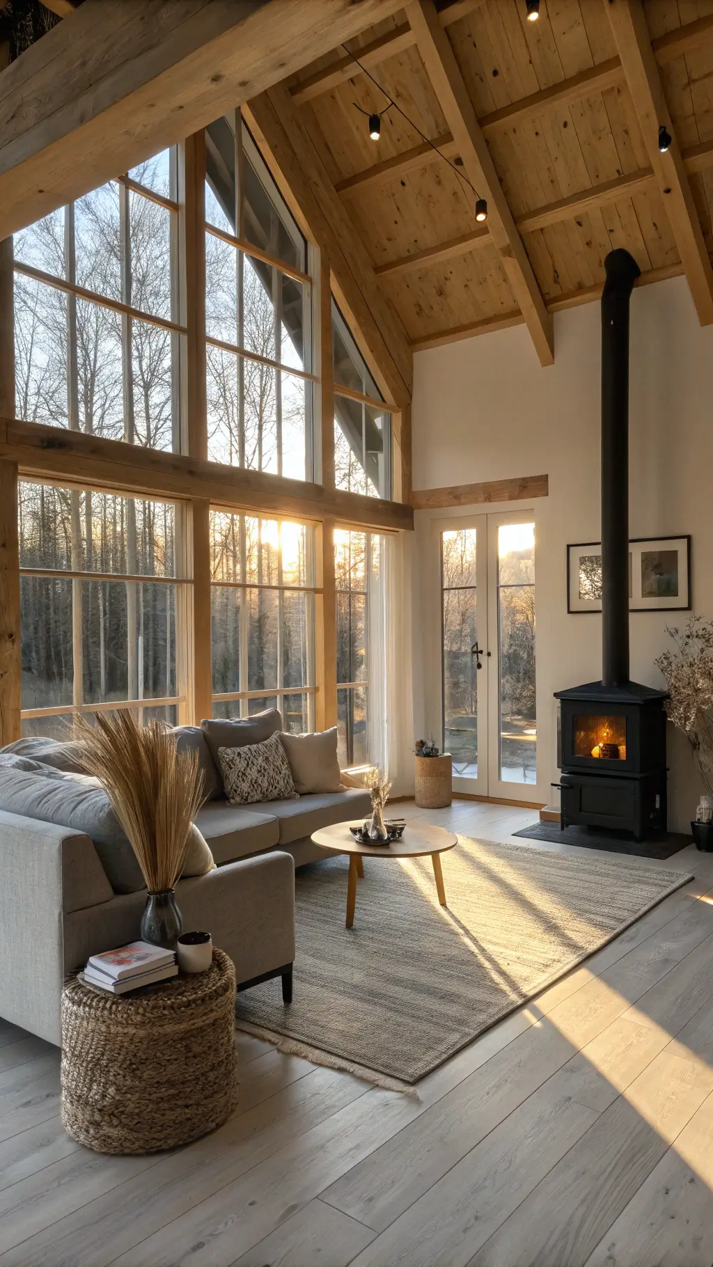Sunlit Nordic living room with exposed pine beams, floor-to-ceiling windows, a matte black wood stove, and grey linen sofa with cream wool throws.