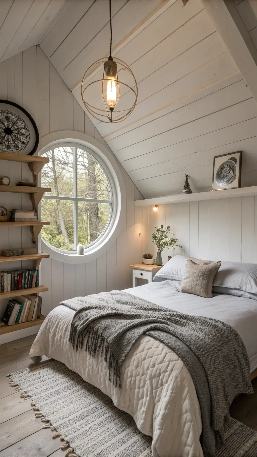 Cozy 12x14ft cabin bedroom with sloped ceiling, circular window, ash wood bedside shelves, bed covered in various shades of grey and ivory linen and wool blanket, pendant light, black and white photography on white shiplap walls, depicted in soft morning light.