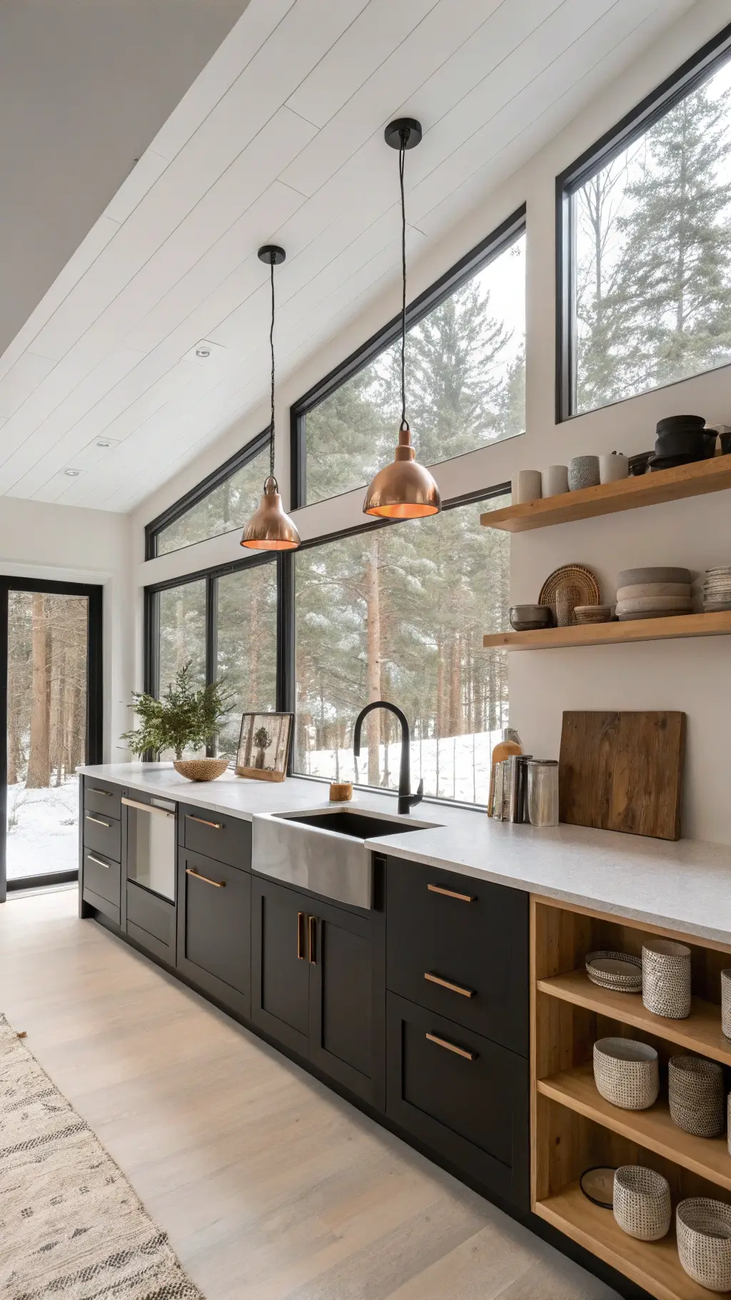 Minimalist Nordic kitchen featuring matte black cabinets, white concrete countertops, wooden open shelving, and snow-view industrial windows.