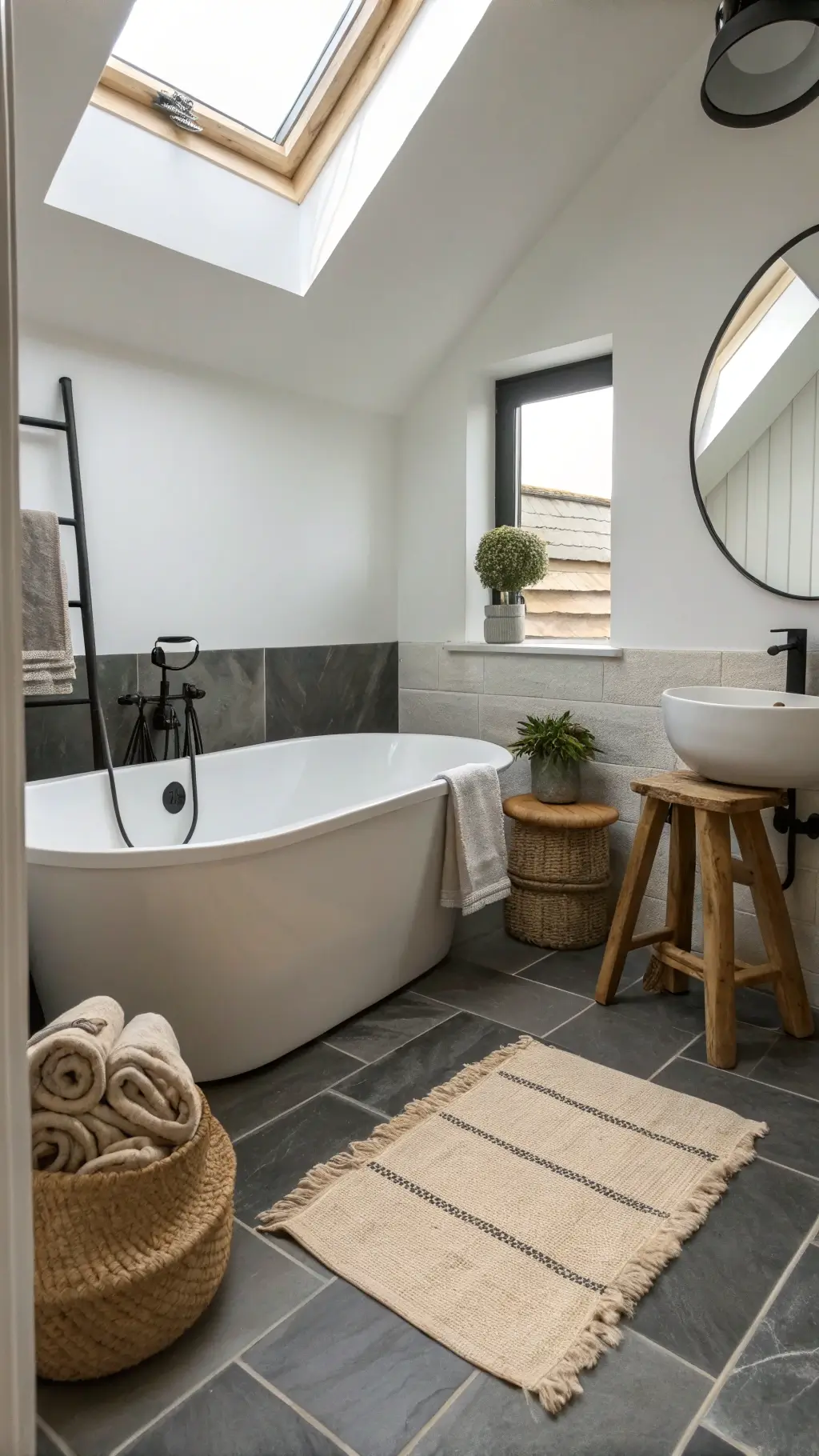 Nordic-inspired bathroom with skylight, slate grey floor tiles, oval soaking tub, jute rug, wooden stool with soap dish and towels, and round mirror reflecting the room.