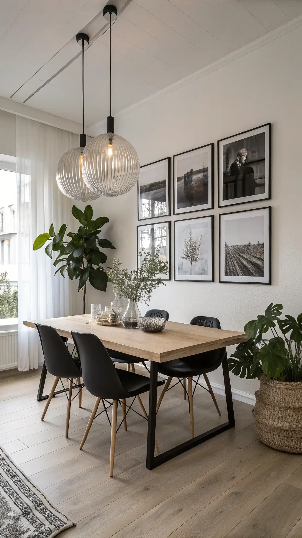 Scandinavian dining nook with pendant light cluster, oak table, black wishbone chairs, fiddle leaf fig plant, and black and white nature photography on white walls, illuminated by morning light creating dramatic shadows