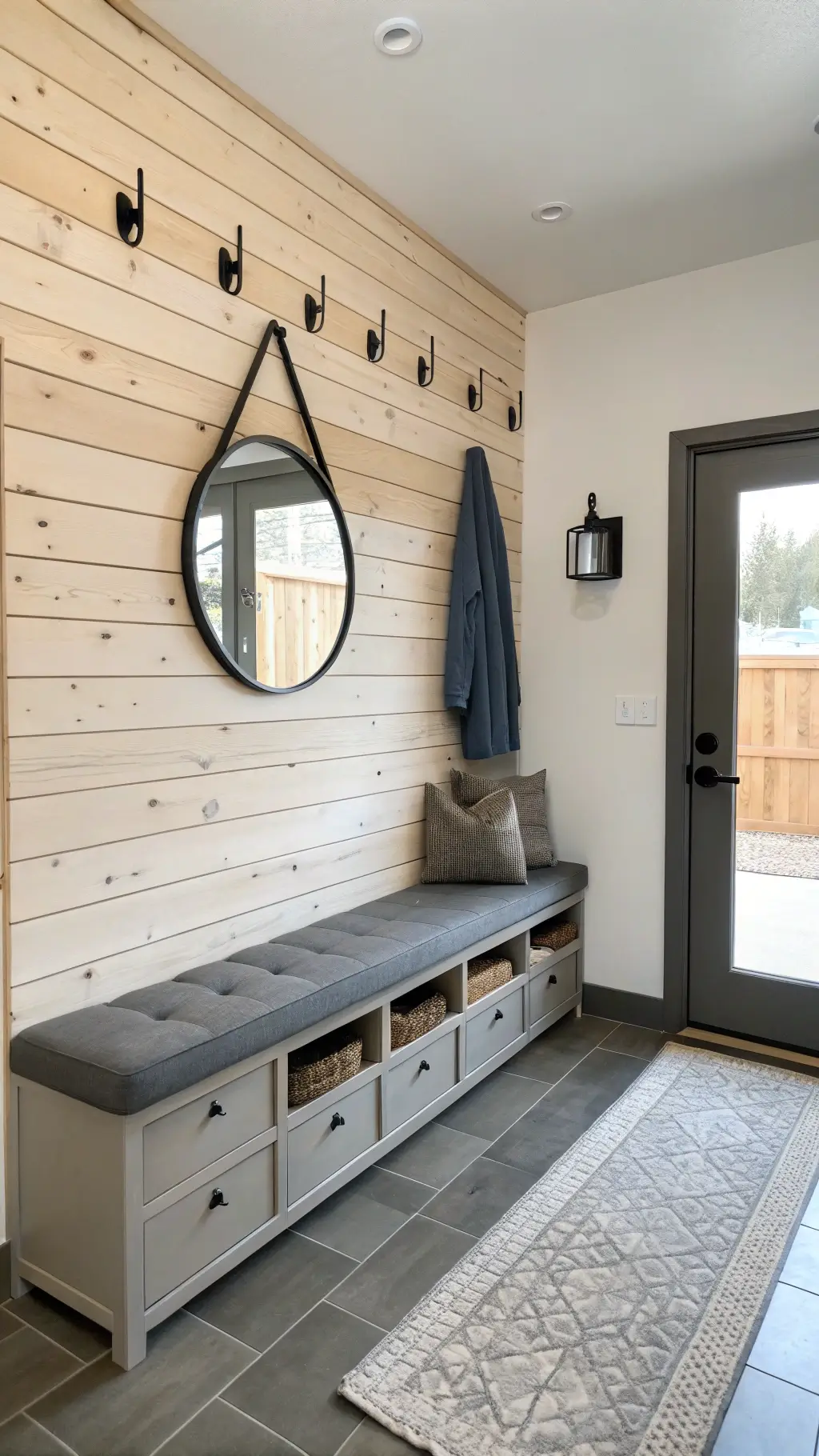 Modern Nordic entryway with bleached pine slat wall, black metal coat hooks, built-in grey wool bench with leather pulls on storage drawers, round mirror, and vintage runner