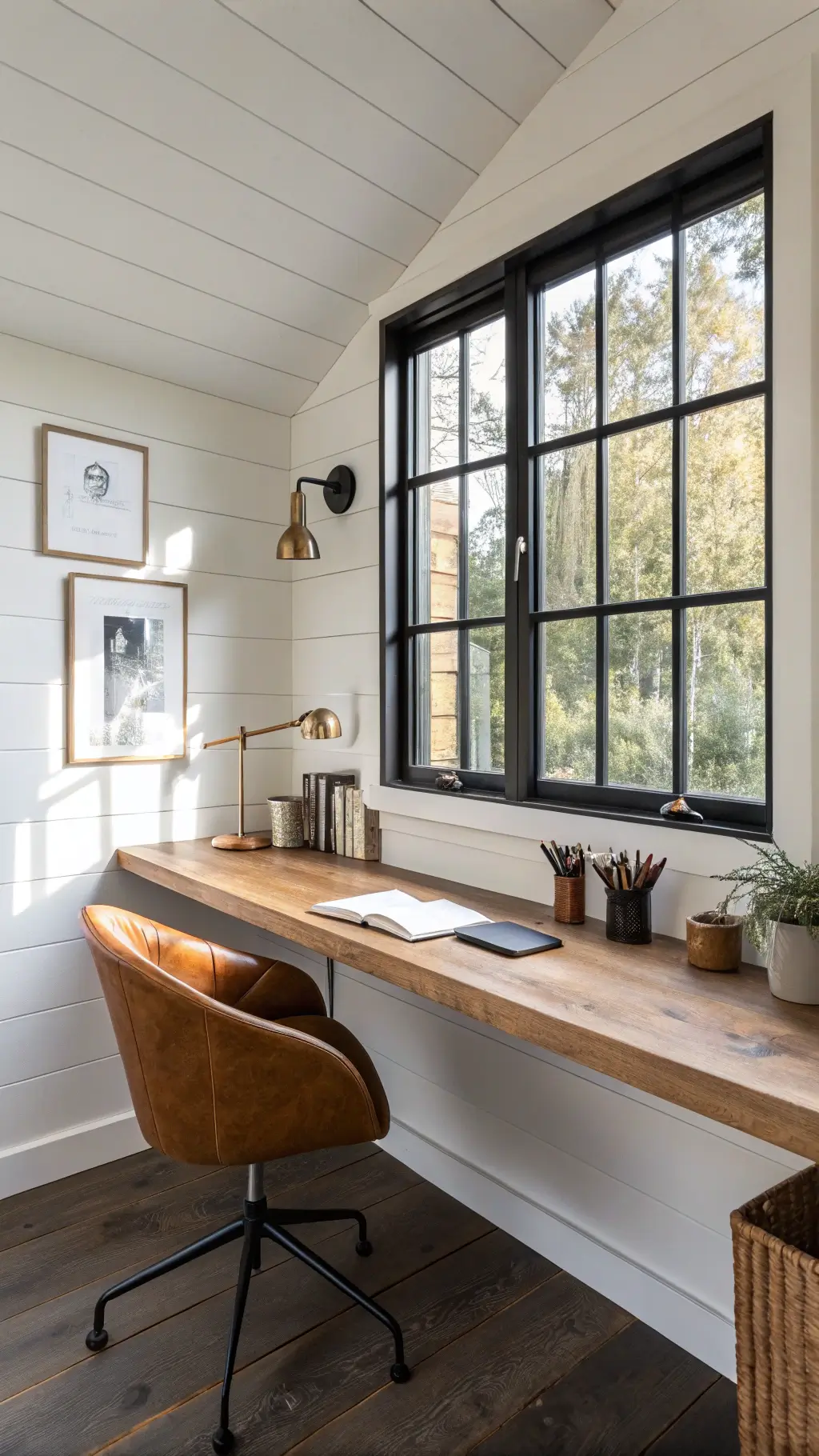 A cozy home office corner with warm oak floating desk, Danish leather chair, brass lamp, pottery vessels, and black-framed grid window casting geometric shadows.