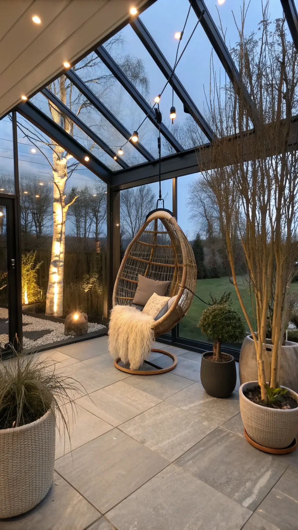 Nordic Winter Garden Room featuring glass ceiling and walls, rattan hanging chair with sheepskin throw, birch trees in concrete planters, and stone flooring leading to outdoor deck lit with magical dusk lighting and floor uplights.