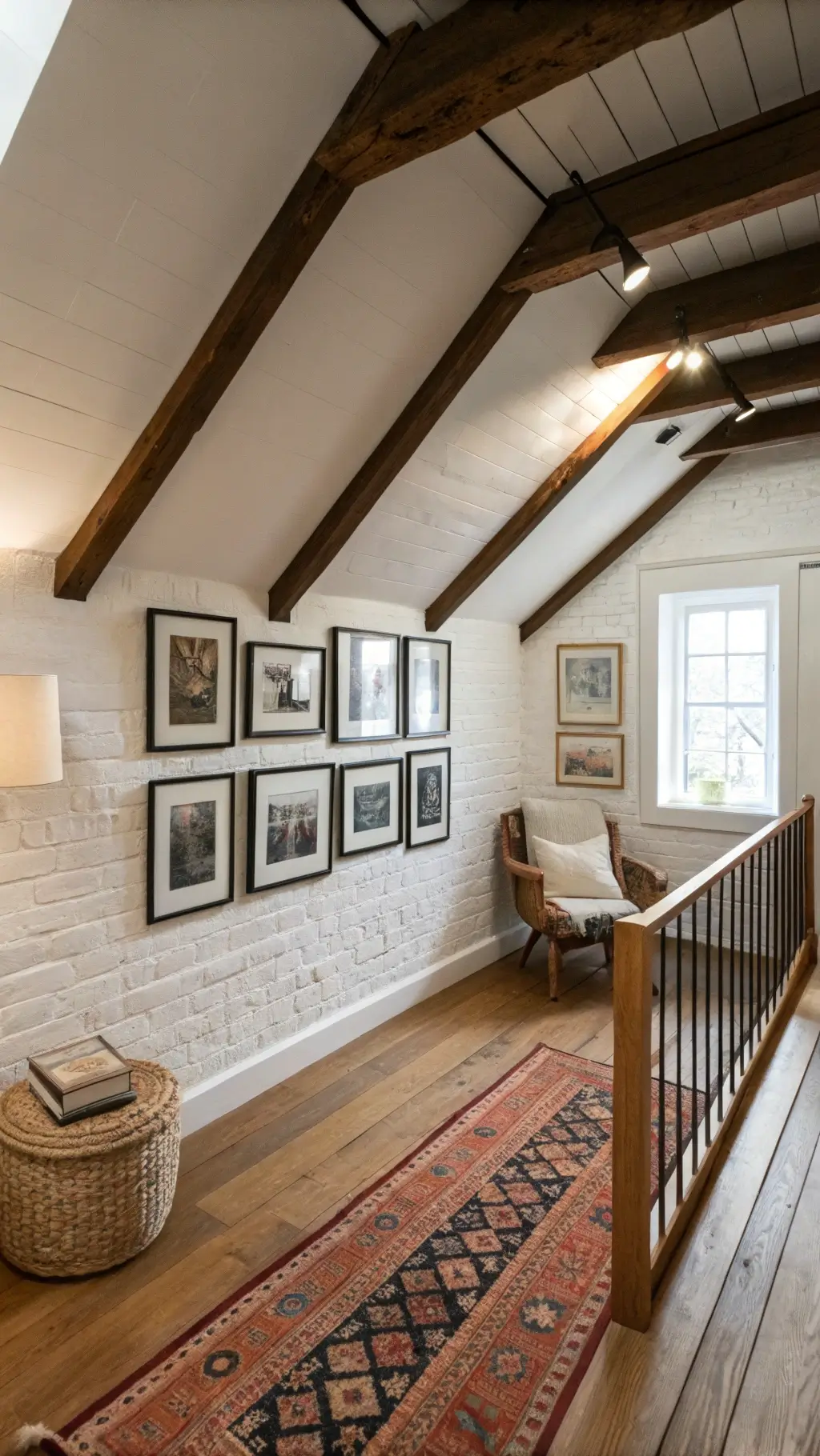 Scandinavian loft landing with exposed beams, a gallery wall of black frames on a white brick wall, a pale wood bookshelf, a vintage Persian runner, a rattan accent chair with a leather pouf and morning light streaming through dormer windows