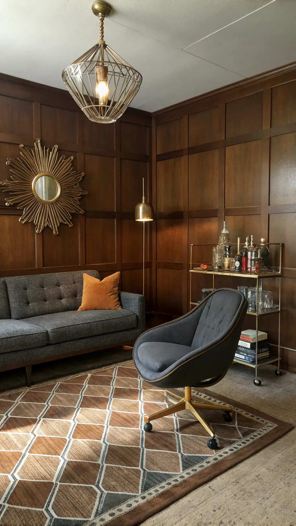 Mid-century style den featuring walnut paneling, charcoal tweed sofa, Eames lounge chair, sunburst mirror, pendant light, earth-toned geometric rug, brass bar cart with vintage decanters, with a play of lines and dramatic side lighting.