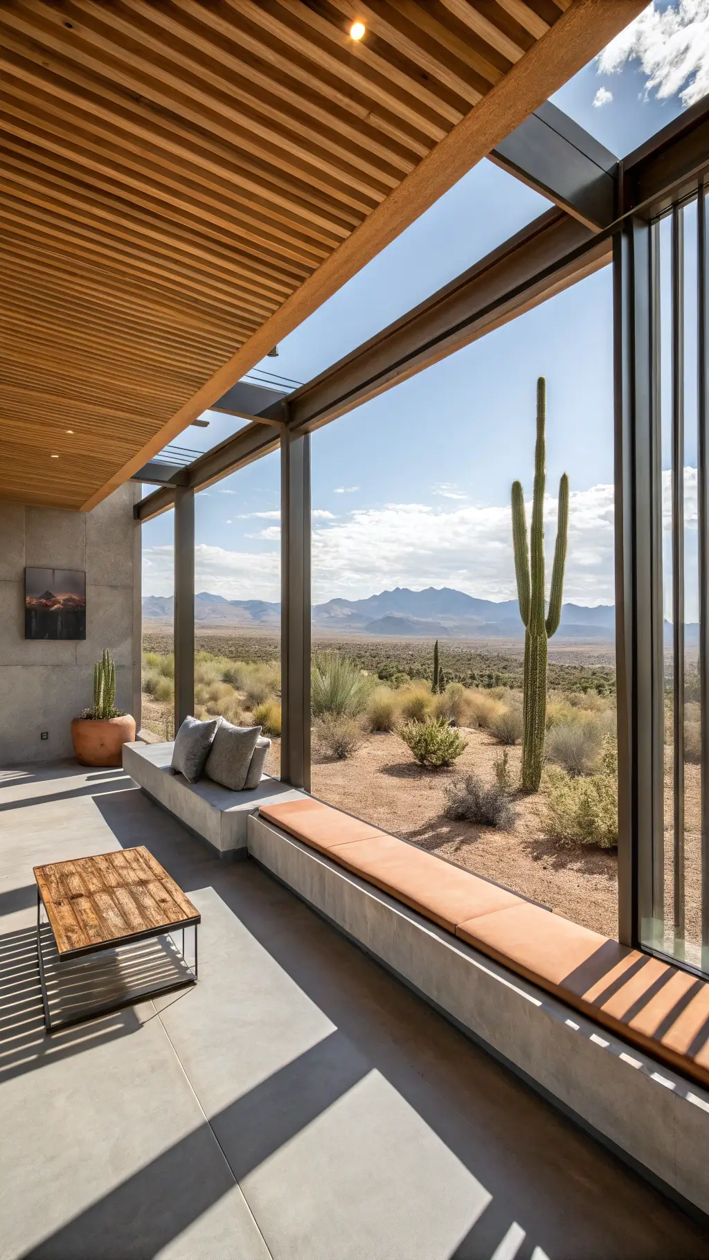 Contemporary desert oasis featuring a 10x16ft linear space with floor-to-ceiling views, dramatic shadows from filtered sun through wooden slats, floating concrete bench with cedar inlay, desert tones and cacti in concrete planters.