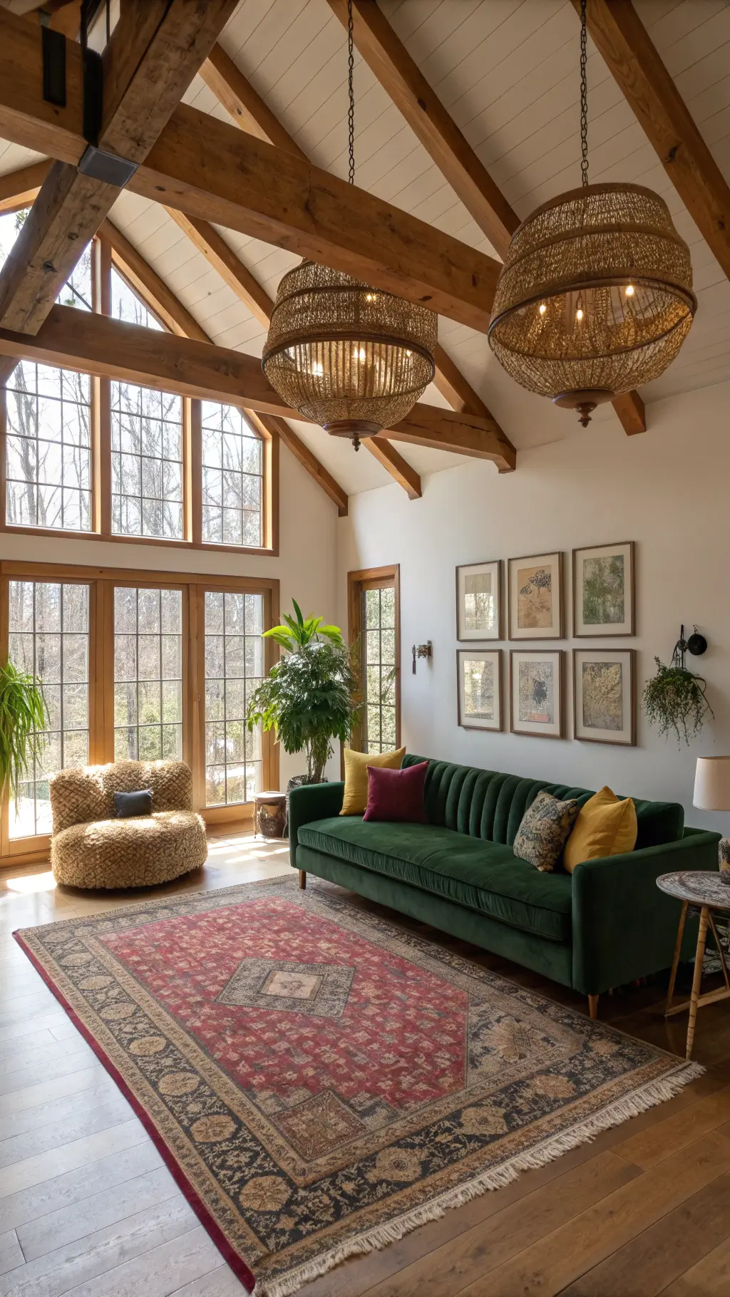 Sunlit living room with exposed beams, floor-to-ceiling windows, an emerald velvet sofa, rattan pendant lights, Persian rugs, pothos plants in macramé hangers, and a wall of vintage mirrors in brass frames.
