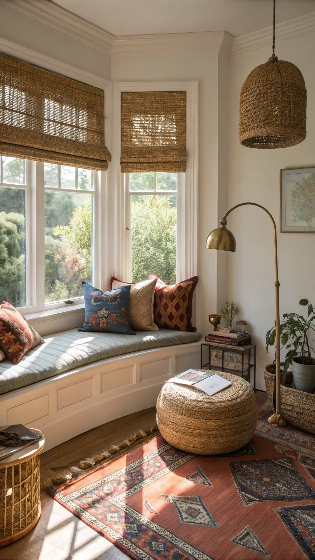 Cozy 12x12ft reading nook with Moroccan floor cushions, handwoven wall tapestries, brass floor lamp, vintage kilim poufs and monstera leaves in morning light.