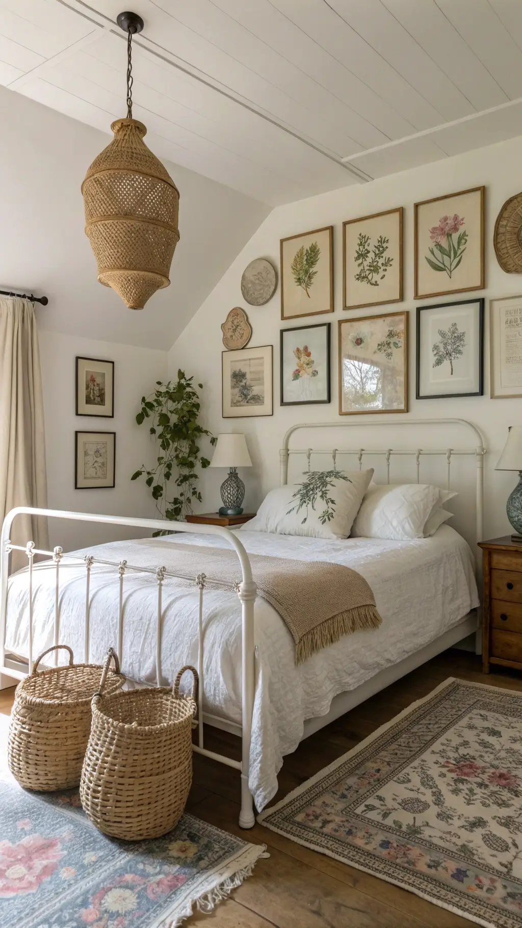 Vintage eclectic bedroom with antique iron bed, gallery wall, ceramic pendant lights, and layered vintage rugs in morning light.